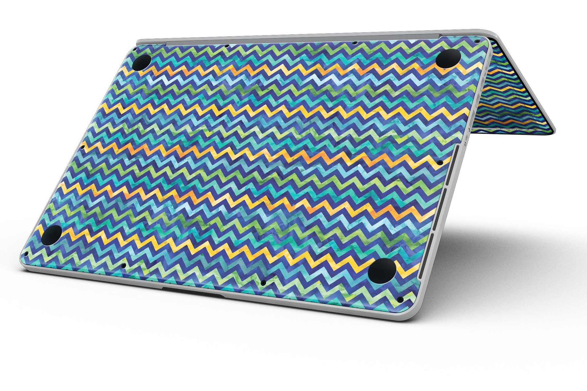 Blue Green Yellow and Orange Watercolor Chevron Pattern skin for MacBook Pro, showcasing vibrant colors and stylish design.
