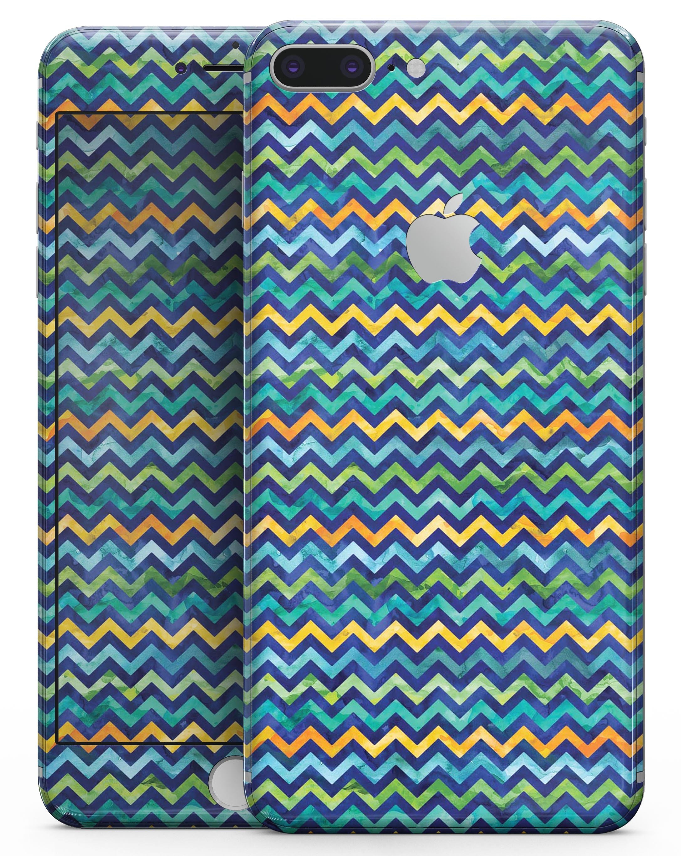 Blue Green Yellow and Orange Watercolor Chevron Pattern skin for iPhone 8 and 8 Plus, showcasing vibrant colors and stylish design.