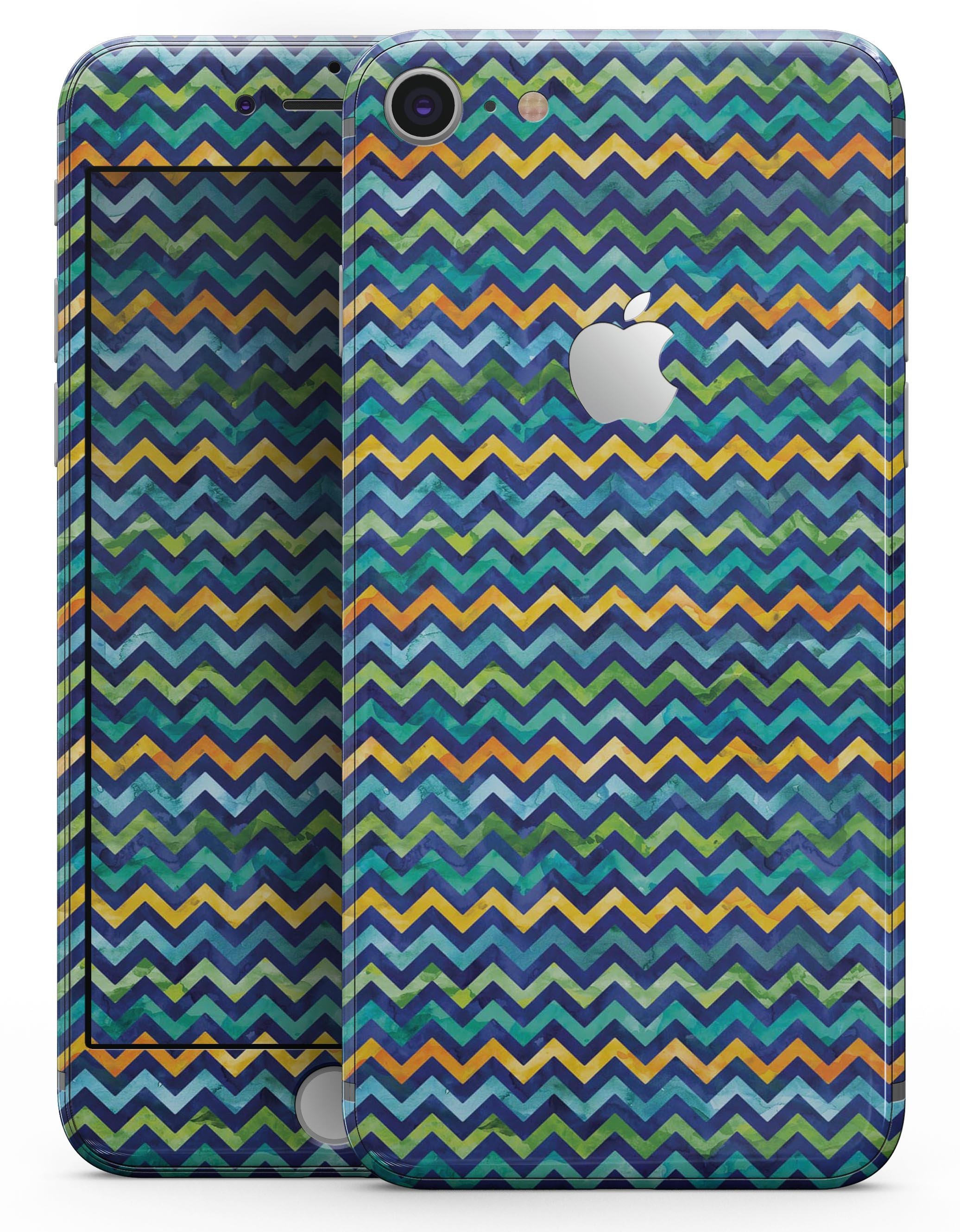 Blue Green Yellow and Orange Watercolor Chevron Pattern skin for iPhone 8 and 8 Plus, showcasing vibrant colors and stylish design.