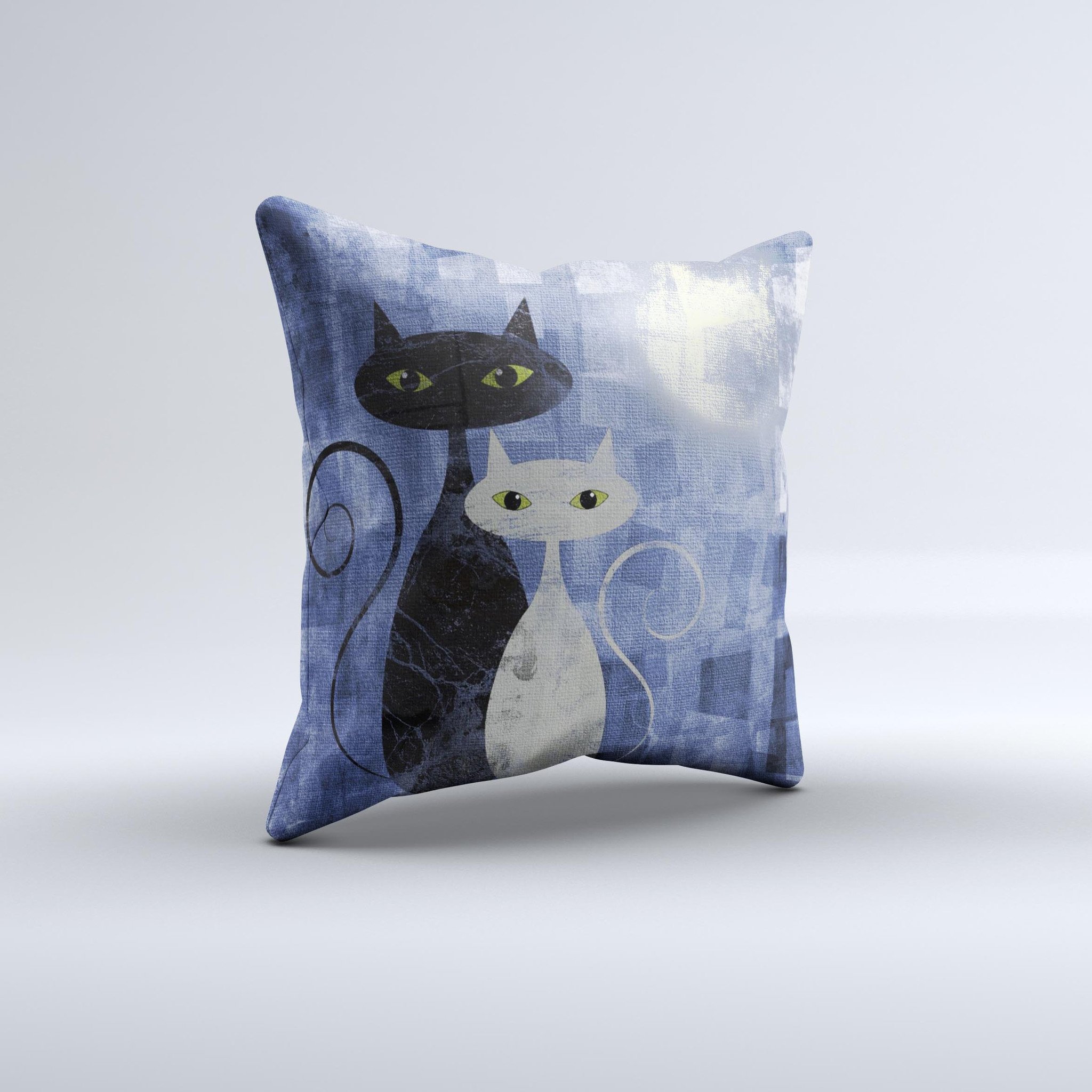 Blue decorative throw pillow featuring a grungy cat design, handcrafted with high-quality materials.