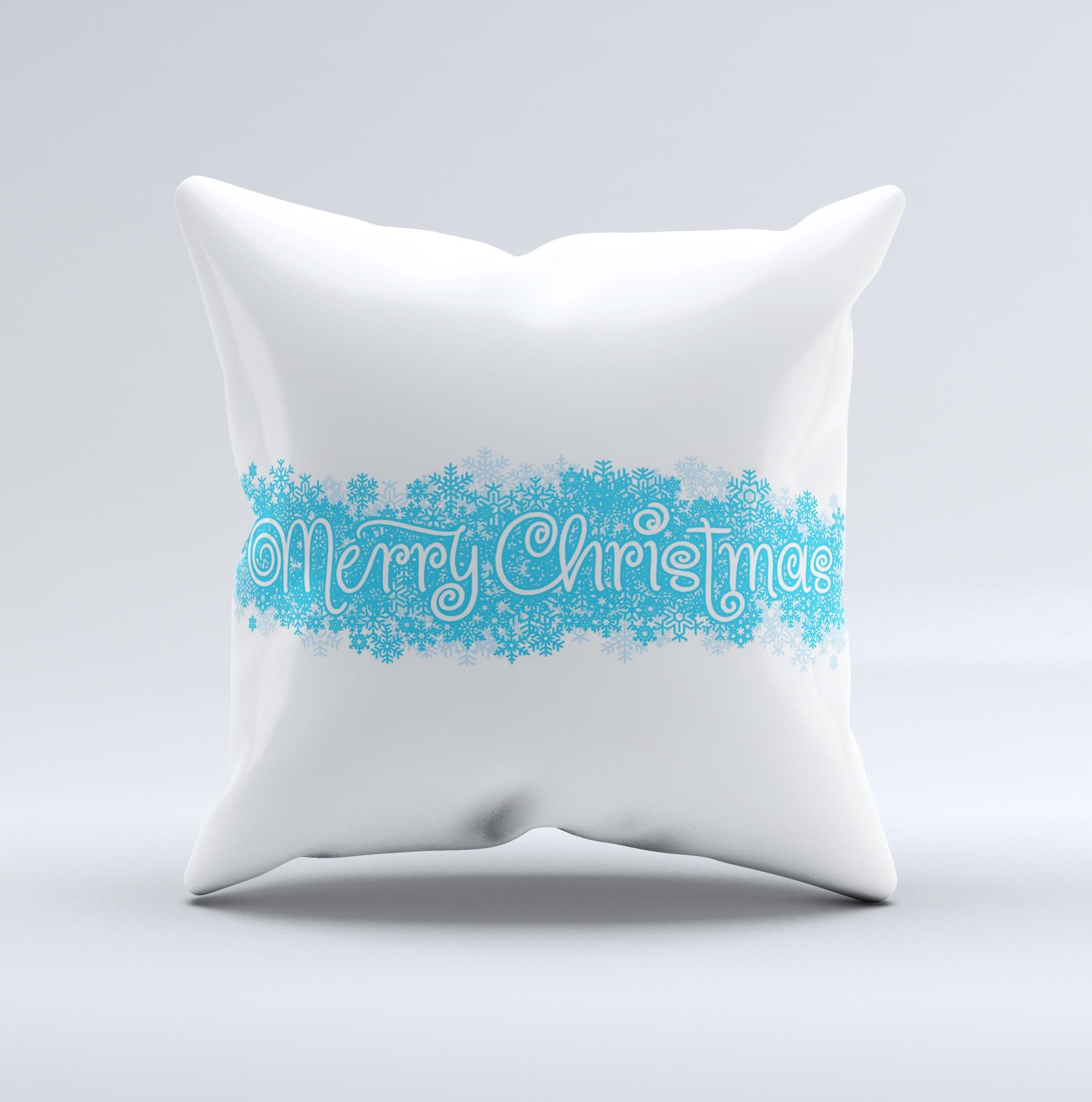 Blue Merry Christmas ink-Fuzed Decorative Throw Pillow featuring festive design, handcrafted in Virginia with high-quality materials.
