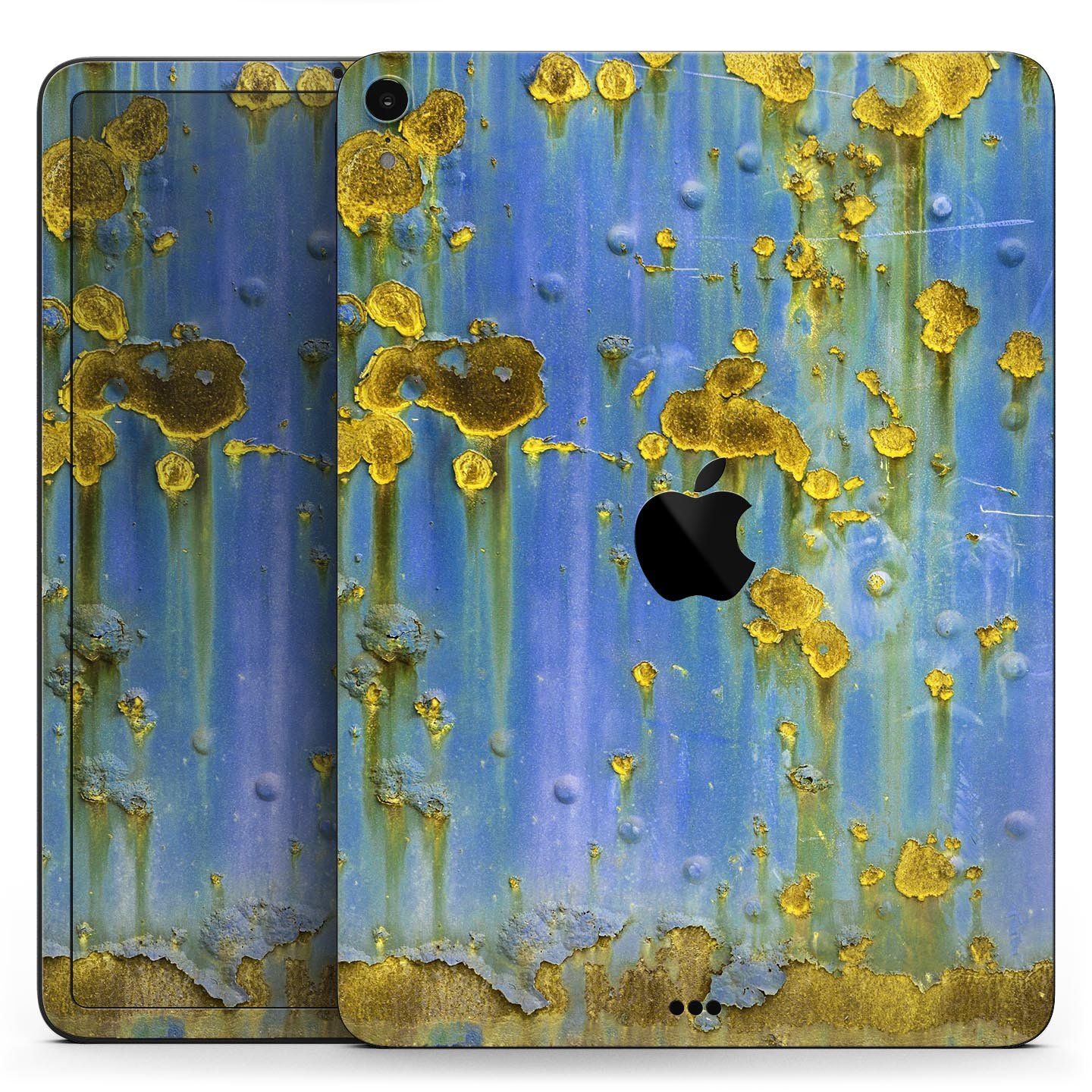Blue Metal with Gold Rust Full Body Skin Decal for Apple iPad, showcasing vibrant colors and sleek design.