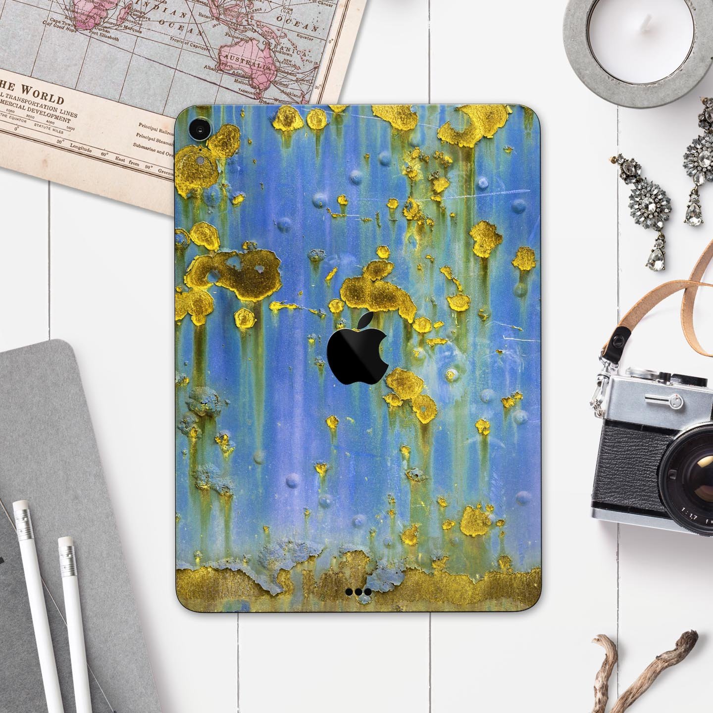 Blue Metal with Gold Rust Full Body Skin Decal for Apple iPad, showcasing vibrant colors and sleek design.