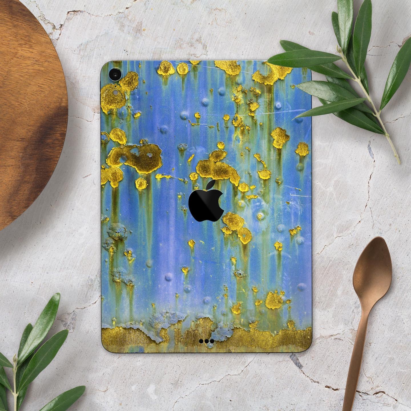 Blue Metal with Gold Rust Full Body Skin Decal for Apple iPad, showcasing vibrant colors and sleek design.