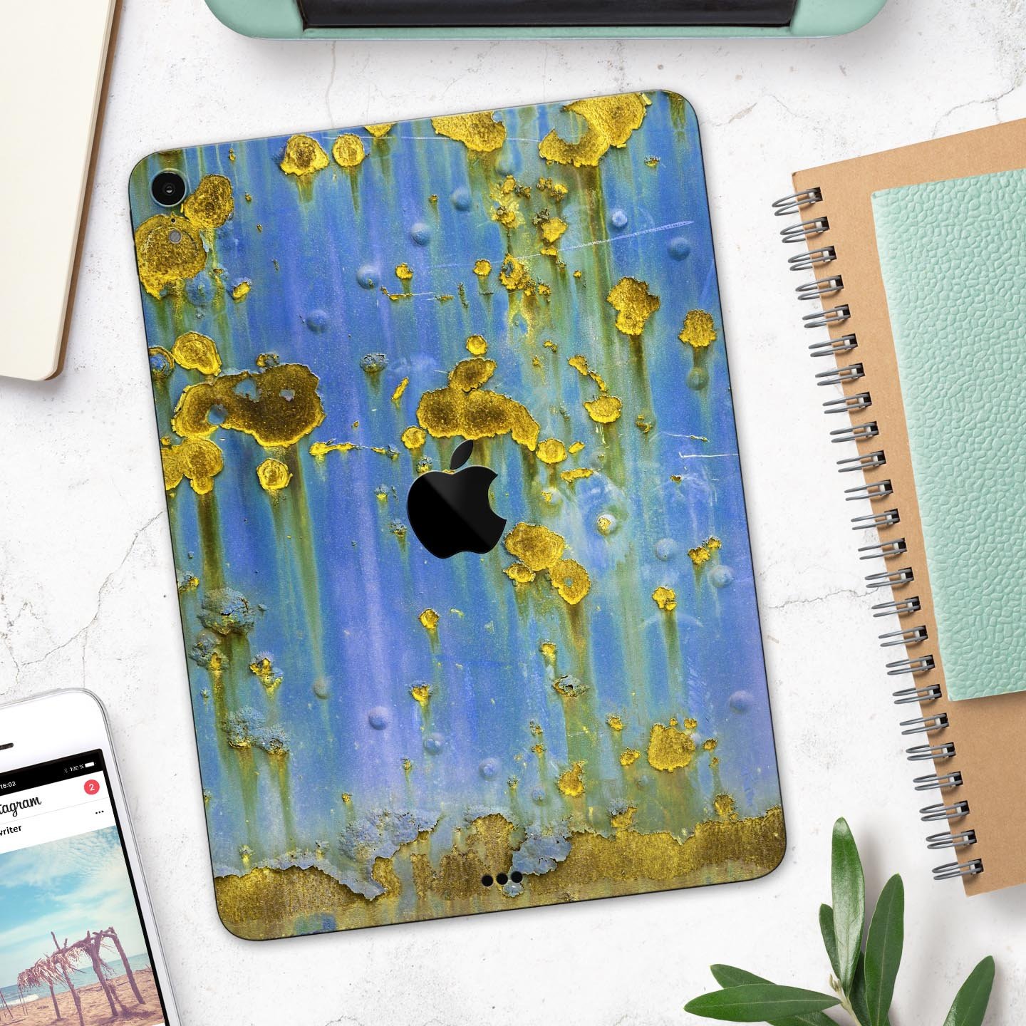 Blue Metal with Gold Rust Full Body Skin Decal for Apple iPad, showcasing vibrant colors and sleek design.