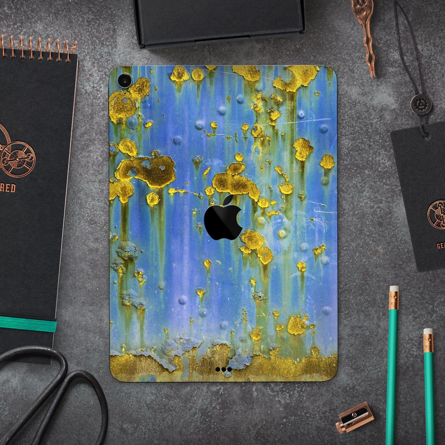 Blue Metal with Gold Rust Full Body Skin Decal for Apple iPad, showcasing vibrant colors and sleek design.