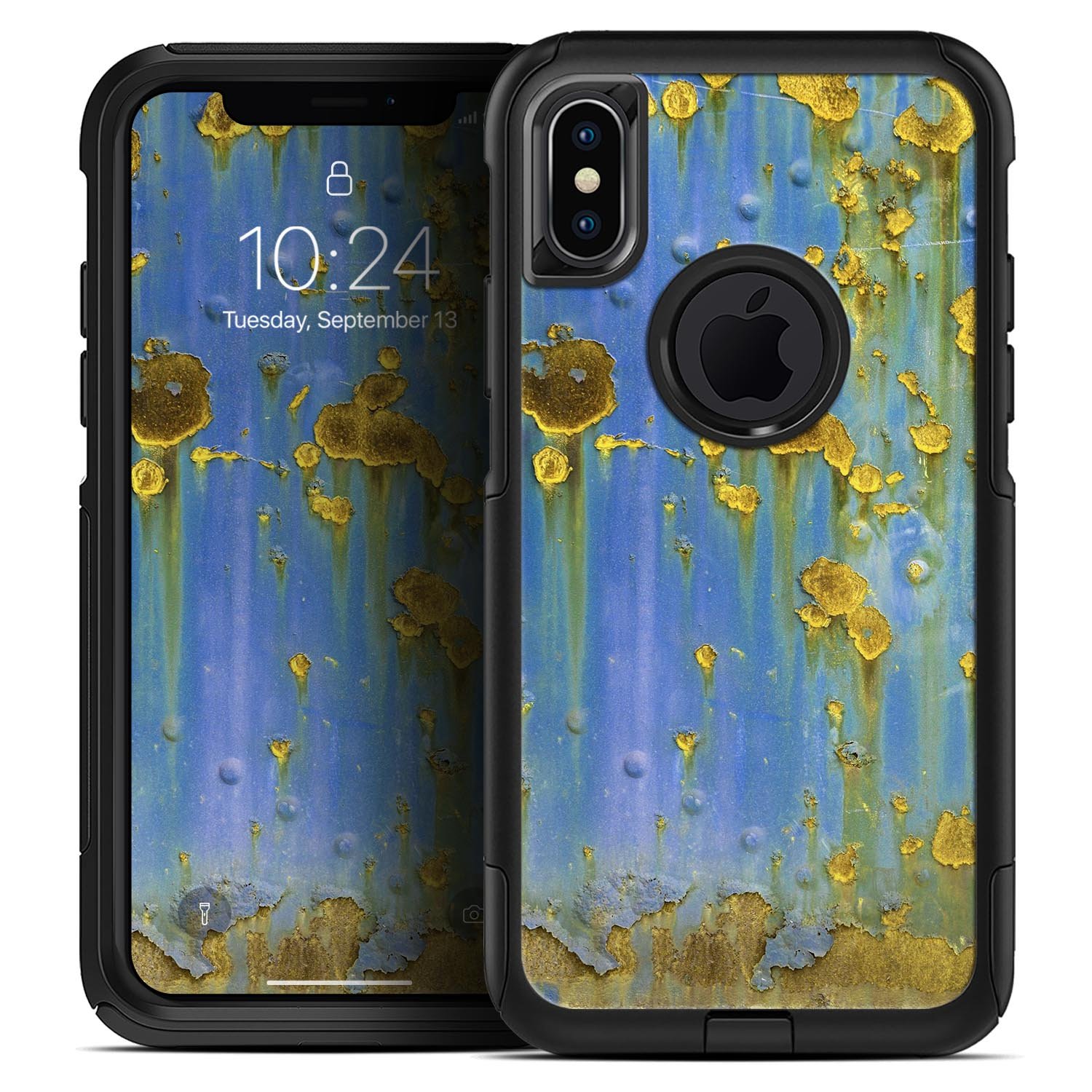 Blue Metal with Gold Rust Skin Kit for iPhone OtterBox Cases, showcasing a stylish design with dual-layer protection.