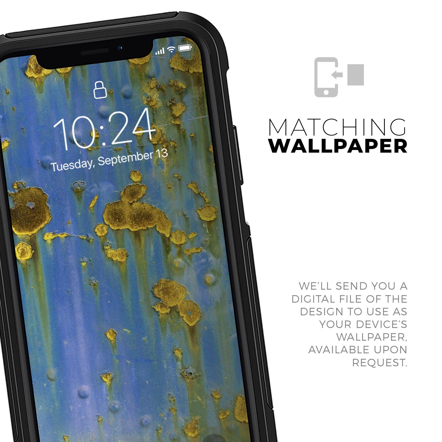 Blue Metal with Gold Rust Skin Kit for iPhone OtterBox Cases, showcasing a stylish design with dual-layer protection.