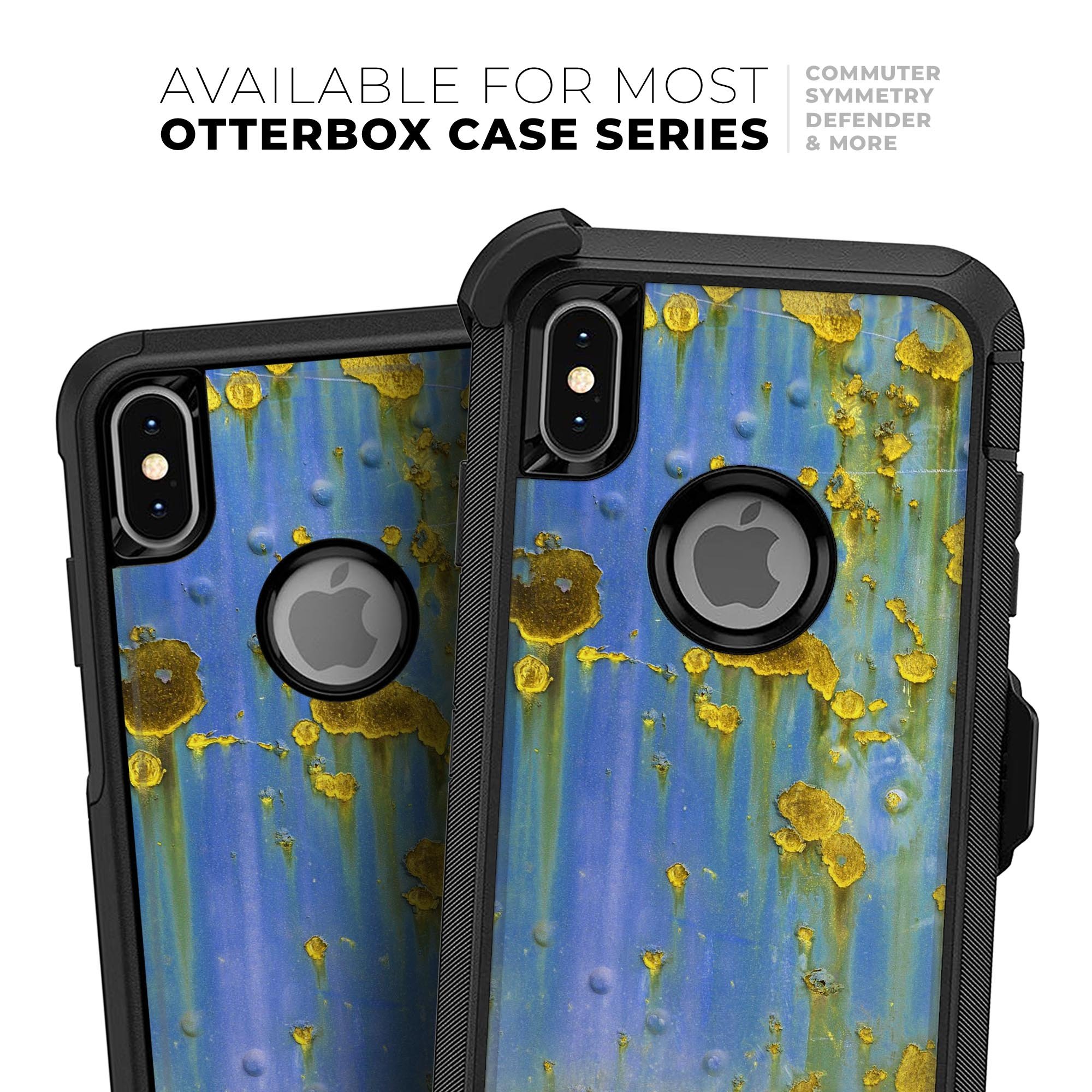 Blue Metal with Gold Rust Skin Kit for iPhone OtterBox Cases, showcasing a stylish design with dual-layer protection.