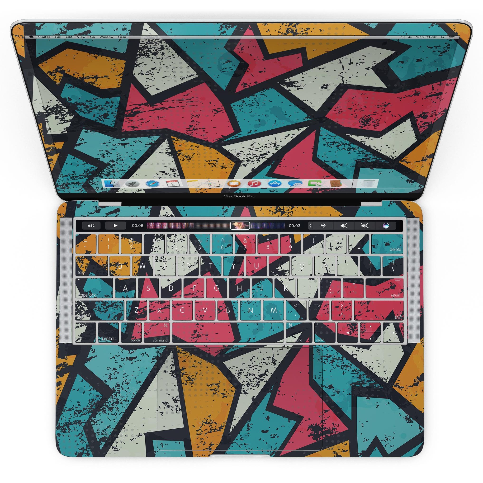 Blue Orange and Red Zig Zags skin kit for MacBook Pro with Touch Bar, showcasing vibrant colors and stylish design.