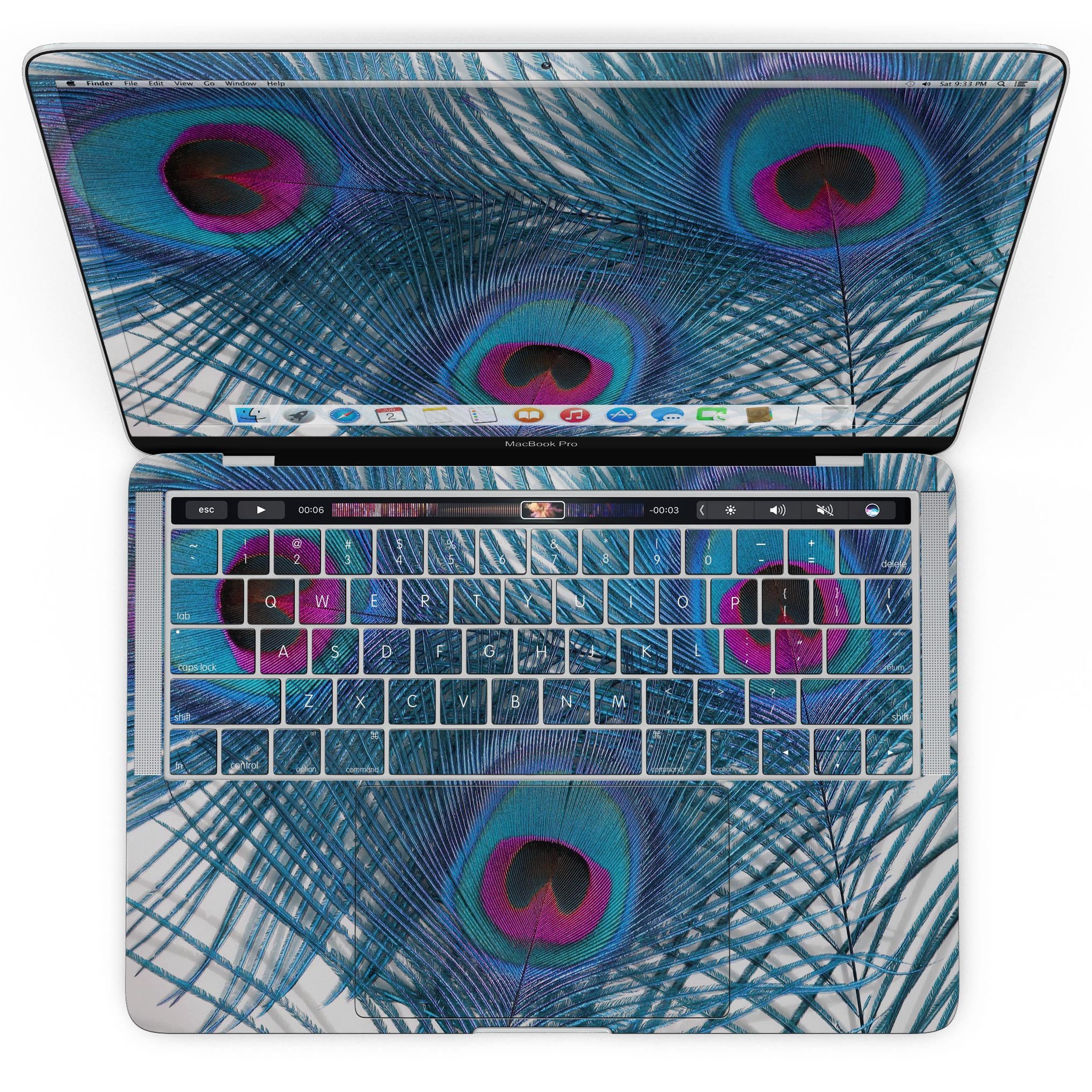 Blue Peacock MacBook Pro skin kit showcasing vibrant colors and intricate design, perfectly fitted for 13" and 15" models.