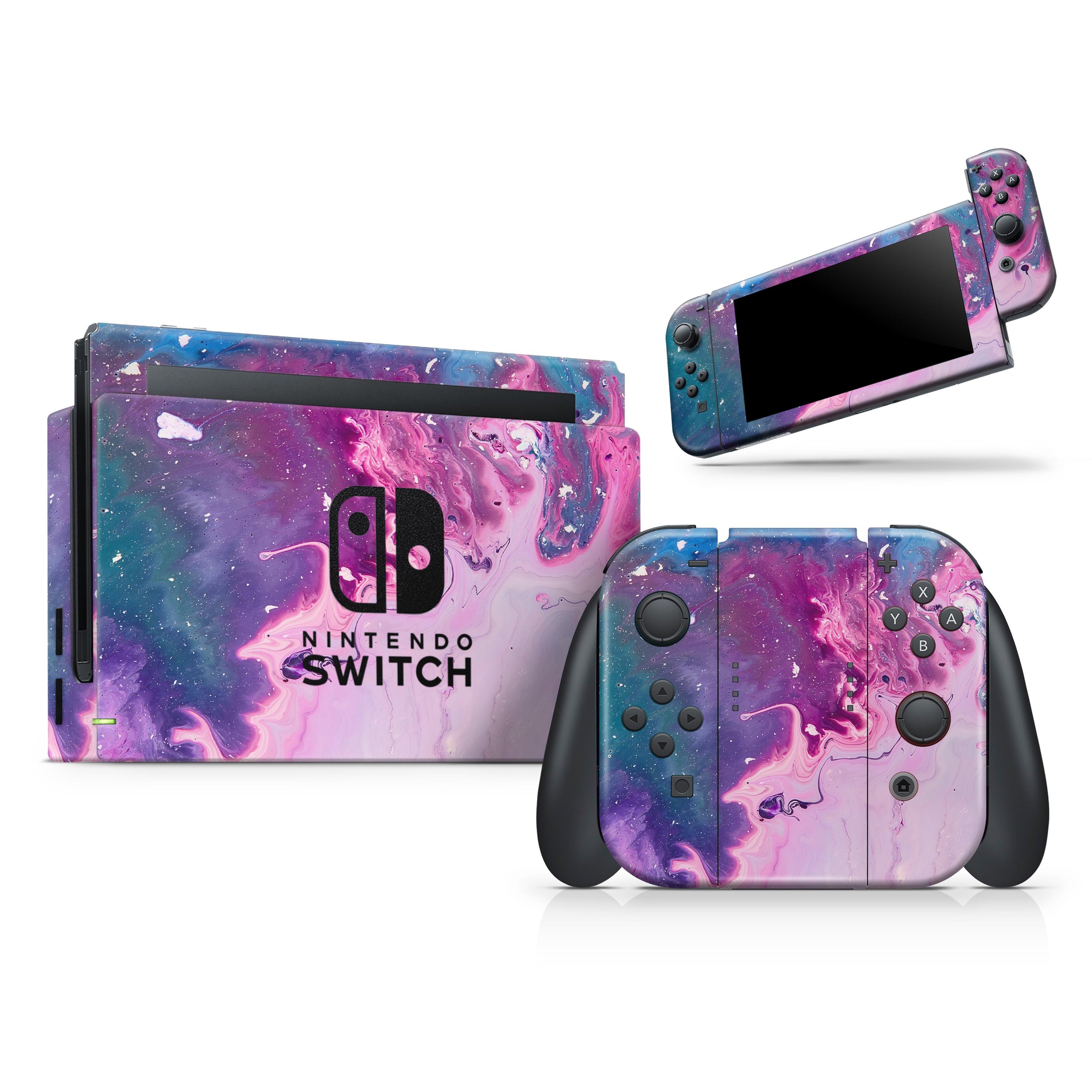 Blue and pink acrylic abstract paint skin wrap kit for Nintendo Switch, featuring a vibrant design and precision fit for console and controllers.