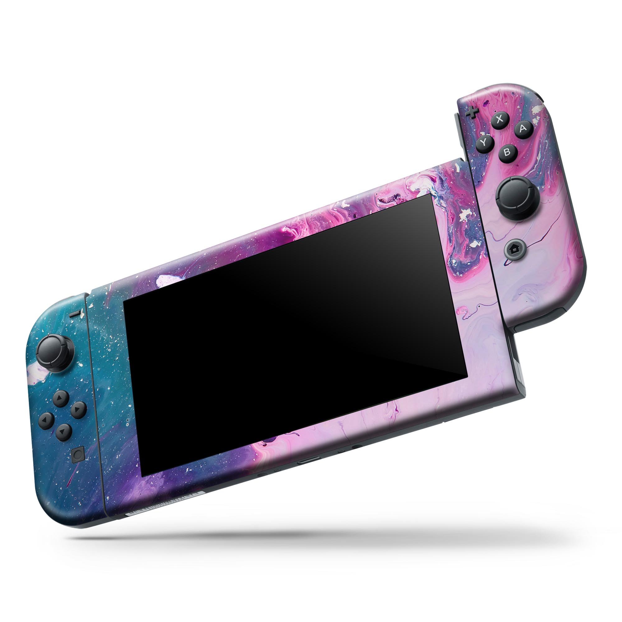 Blue and pink acrylic abstract paint skin wrap kit for Nintendo Switch, featuring a vibrant design and precision fit for console and controllers.