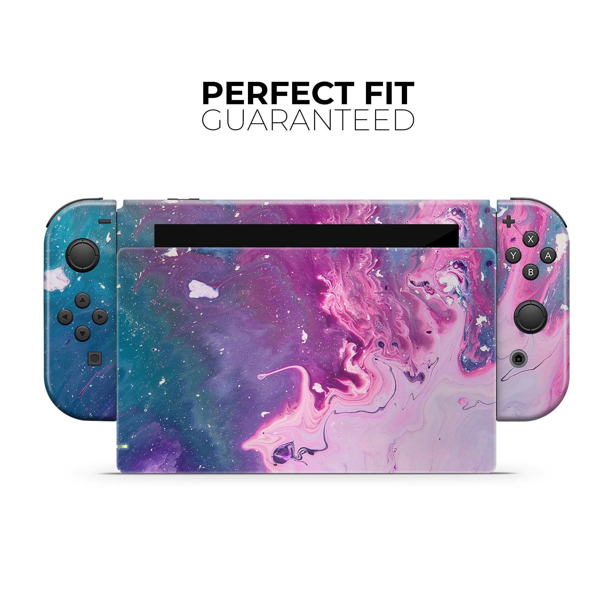 Blue and pink acrylic abstract paint skin wrap kit for Nintendo Switch, featuring a vibrant design and precision fit for console and controllers.
