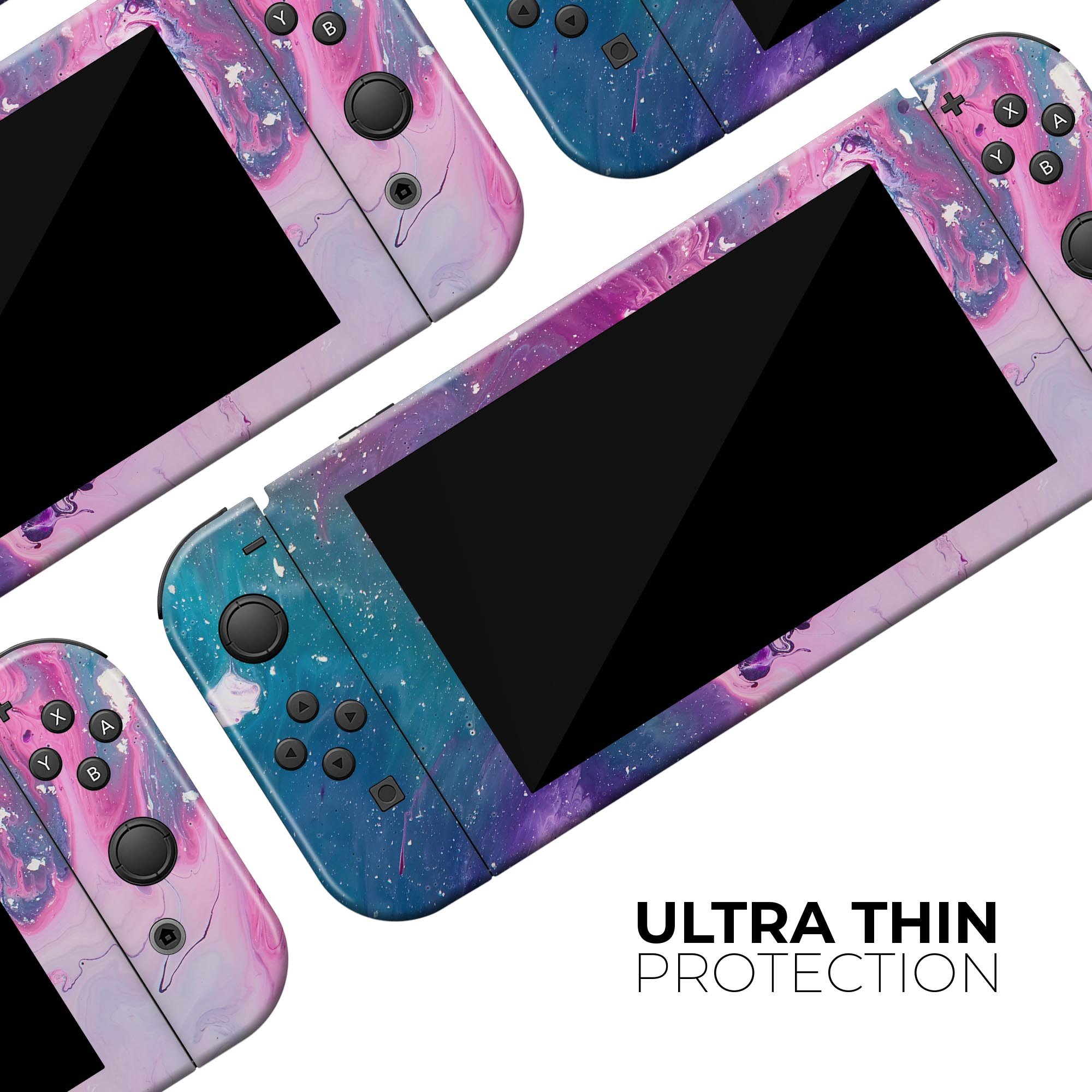Blue and pink acrylic abstract paint skin wrap kit for Nintendo Switch, featuring a vibrant design and precision fit for console and controllers.