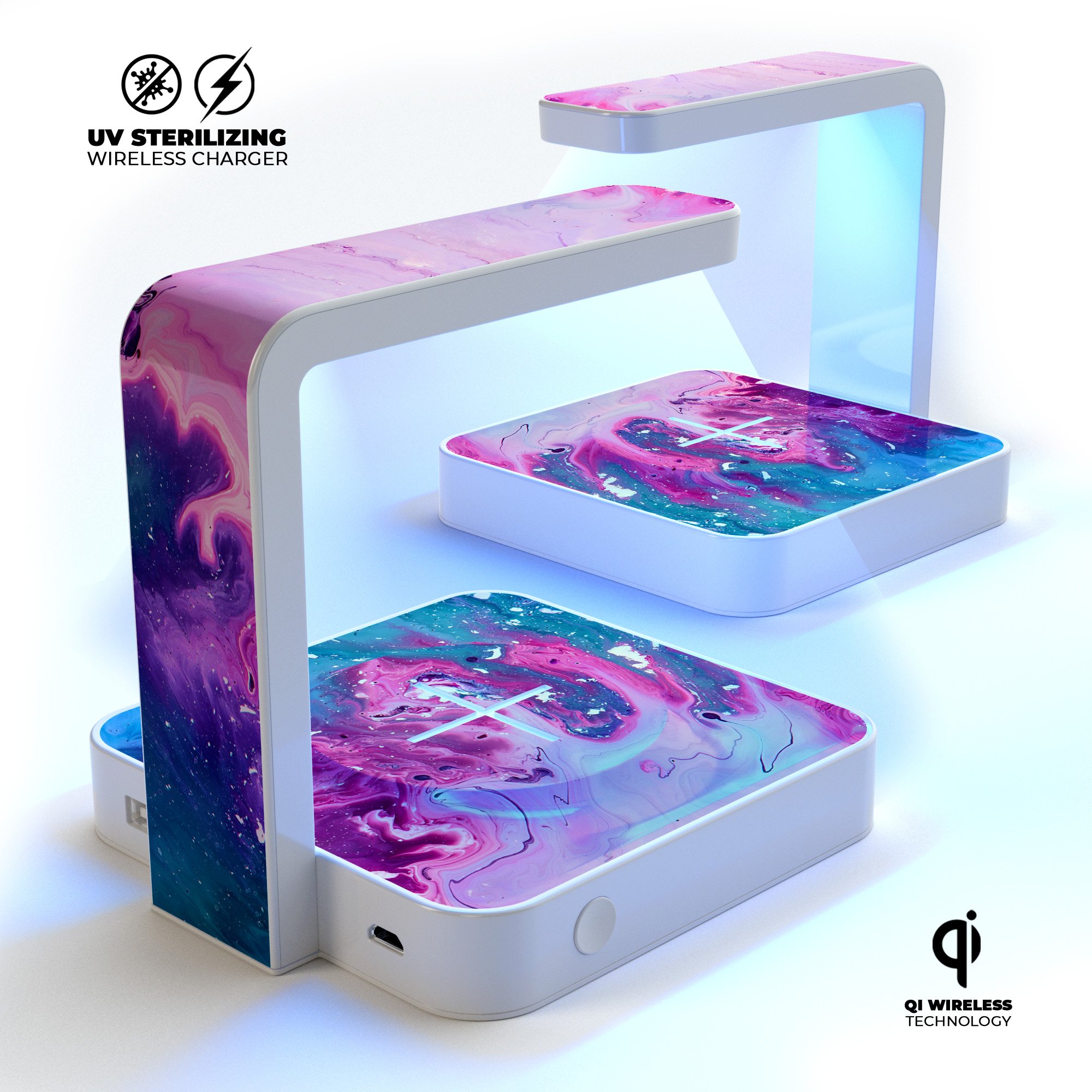 Blue and pink acrylic abstract paint wireless charger with UV germicidal lamp for sanitizing phones.