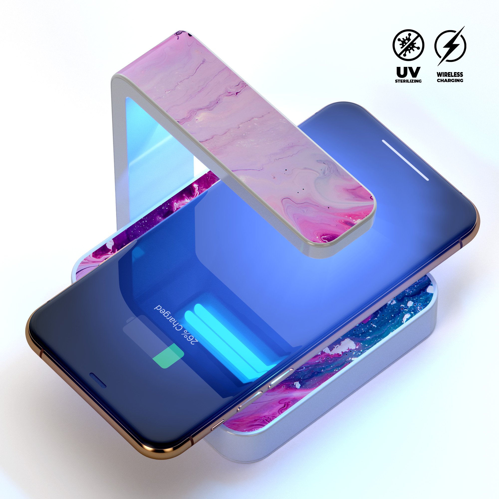 Blue and pink acrylic abstract paint wireless charger with UV germicidal lamp for sanitizing phones.