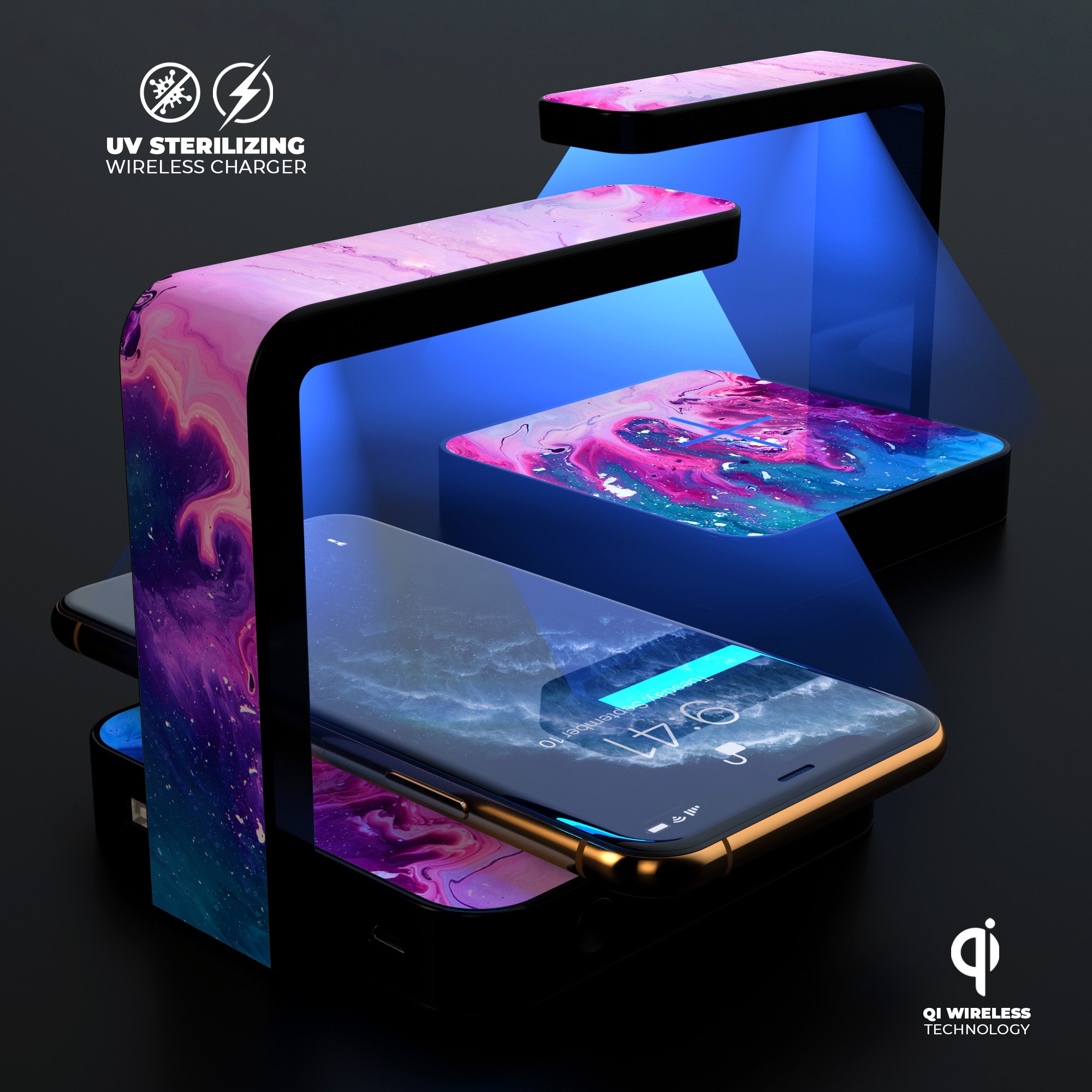 Blue and pink acrylic abstract paint wireless charger with UV germicidal lamp for sanitizing phones.