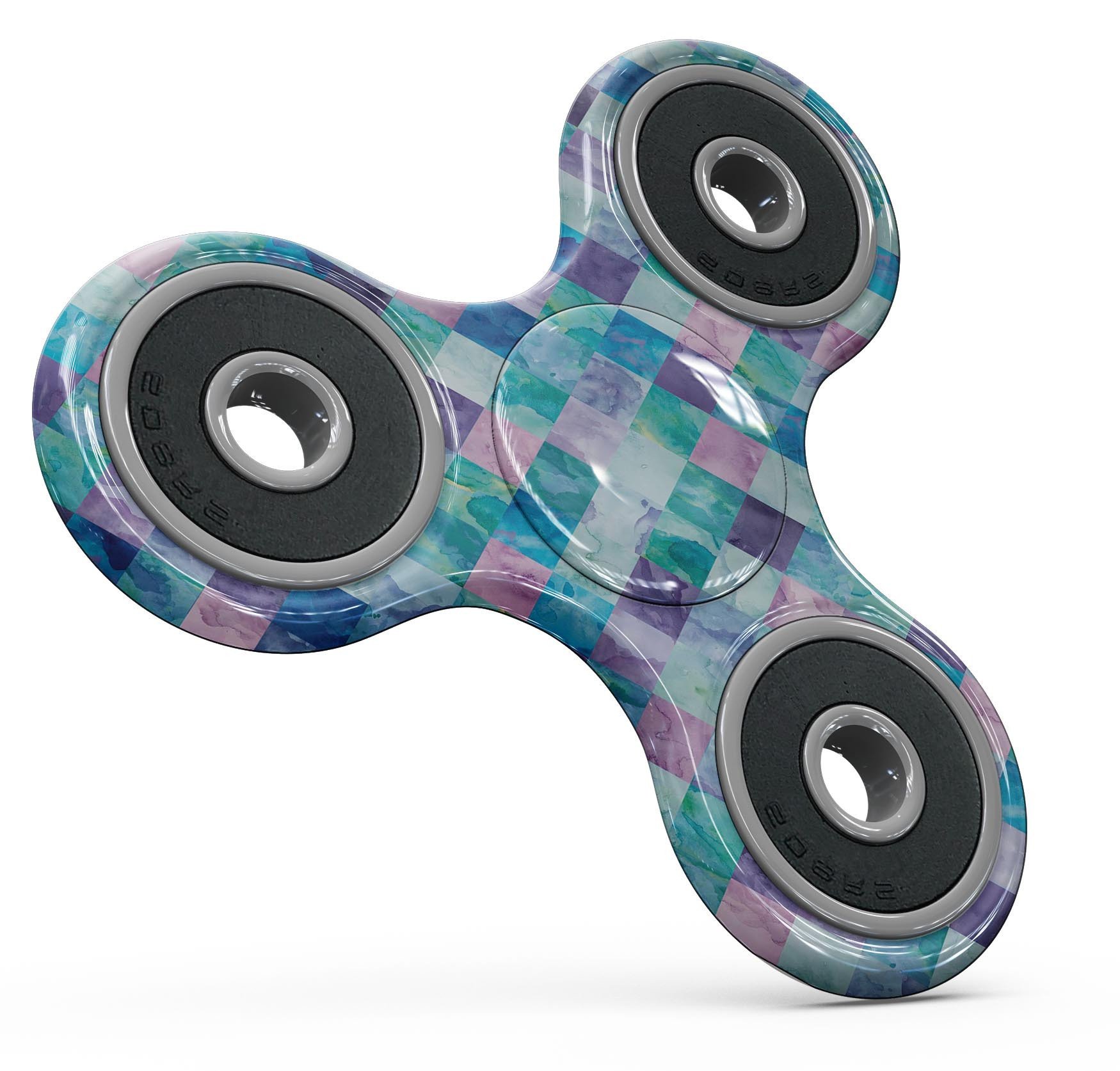 Blue, pink, and purple watercolor patchwork skin for fidget spinner, showcasing vibrant colors and artistic design.