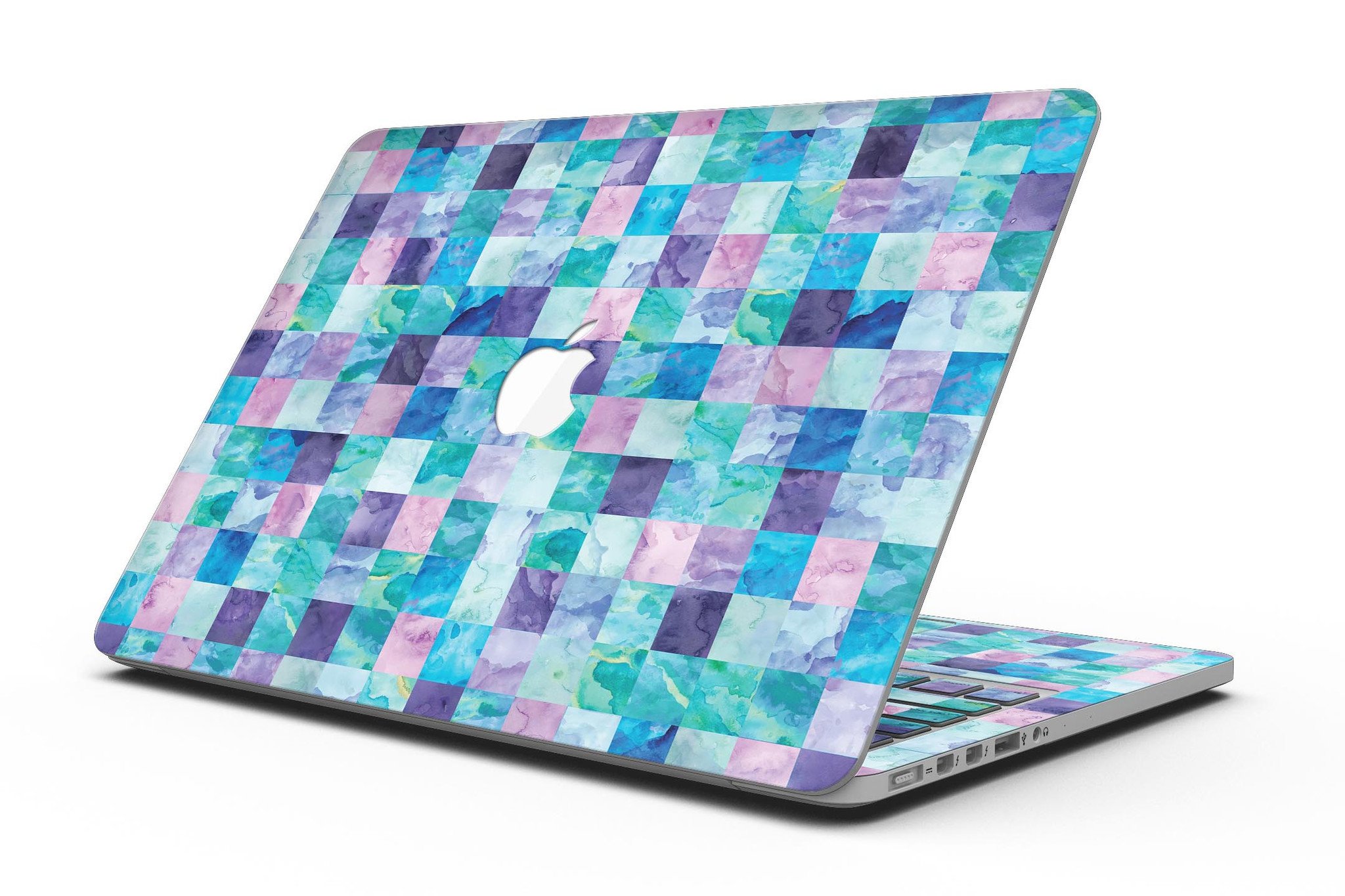 Blue Pink and Purple Watercolor Patchwork skin for MacBook Pro with Retina Display, showcasing vibrant colors and artistic design.