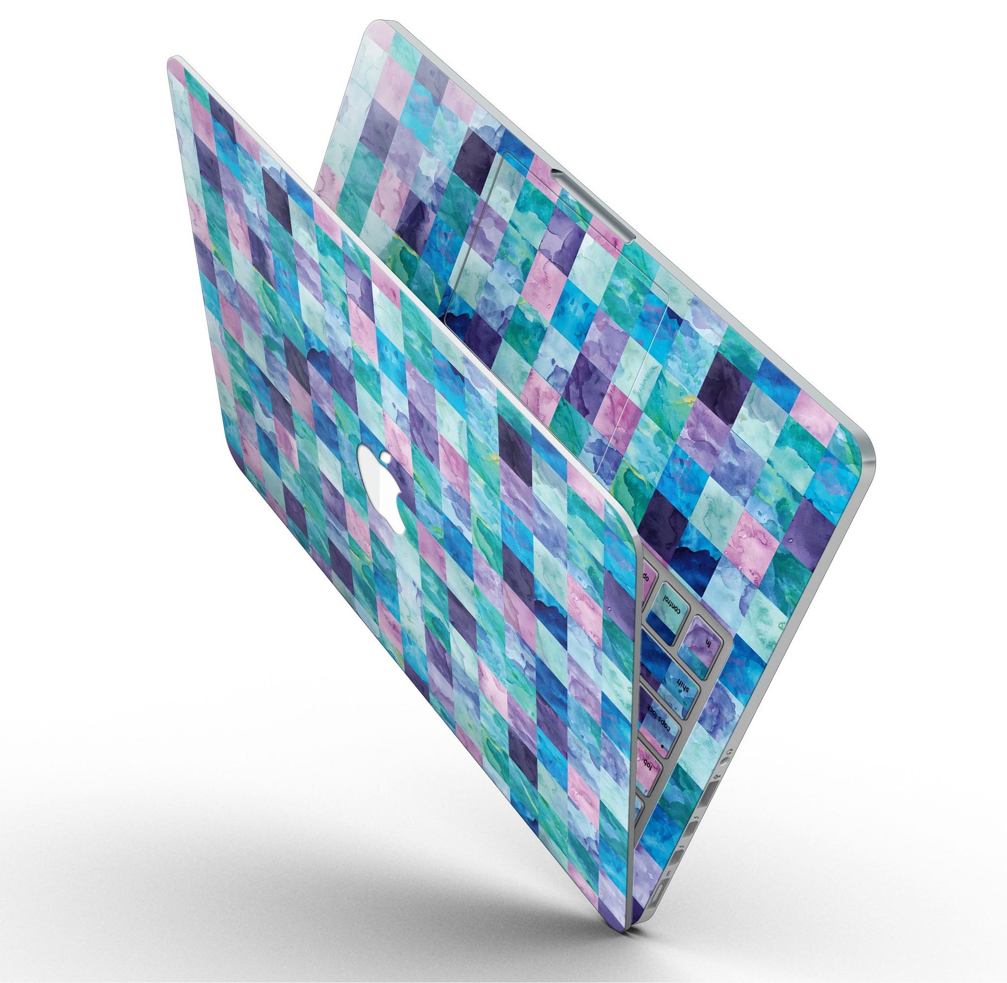 Blue Pink and Purple Watercolor Patchwork skin for MacBook Pro with Retina Display, showcasing vibrant colors and artistic design.