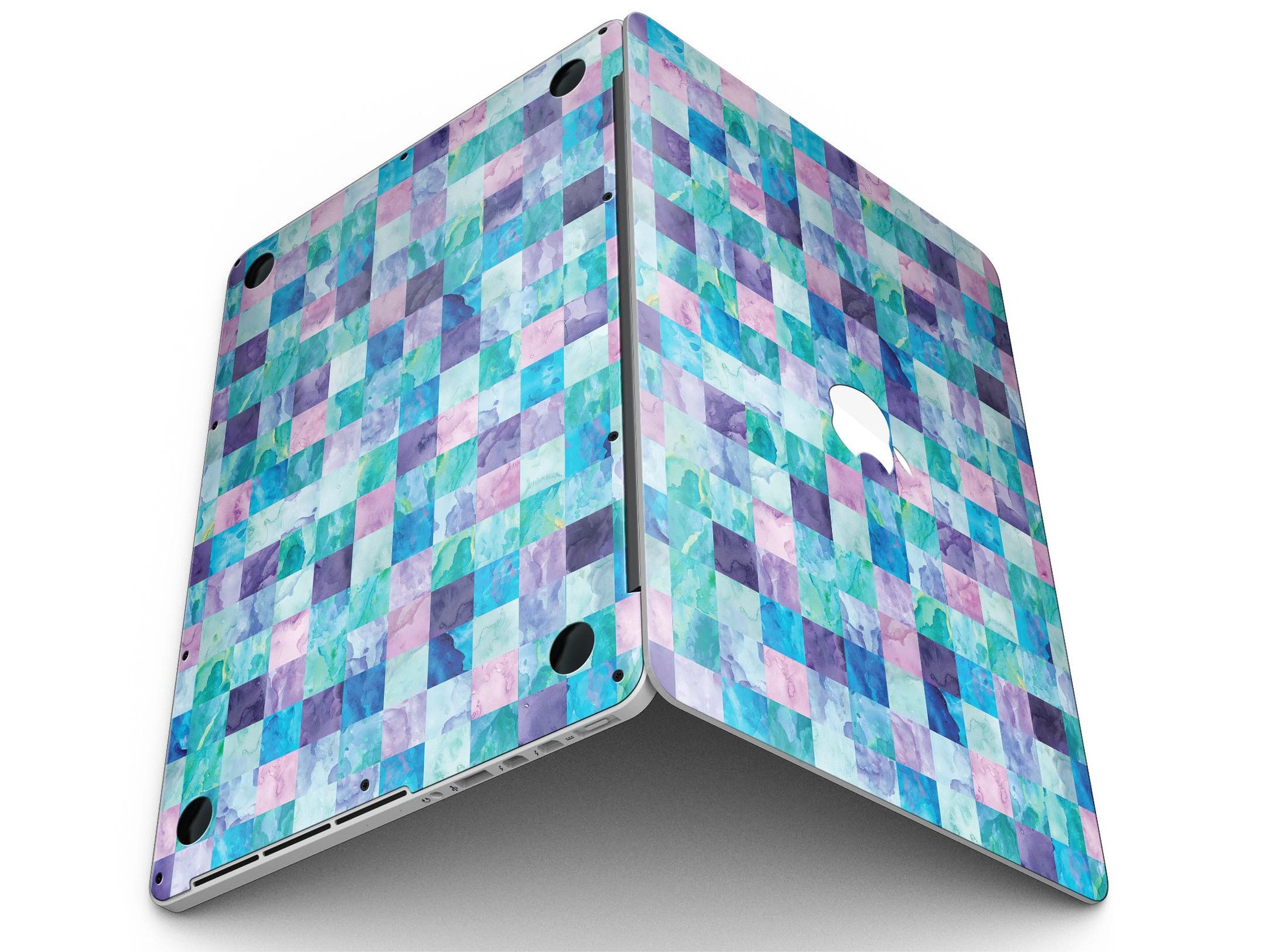 Blue Pink and Purple Watercolor Patchwork skin for MacBook Pro with Retina Display, showcasing vibrant colors and artistic design.