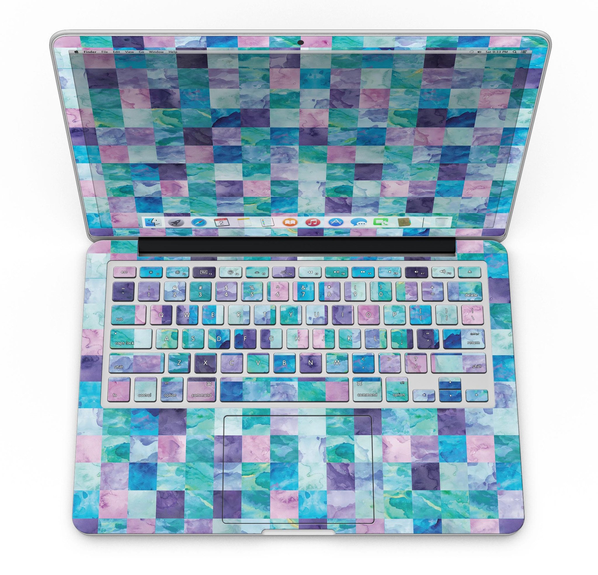 Blue Pink and Purple Watercolor Patchwork skin for MacBook Pro with Retina Display, showcasing vibrant colors and artistic design.