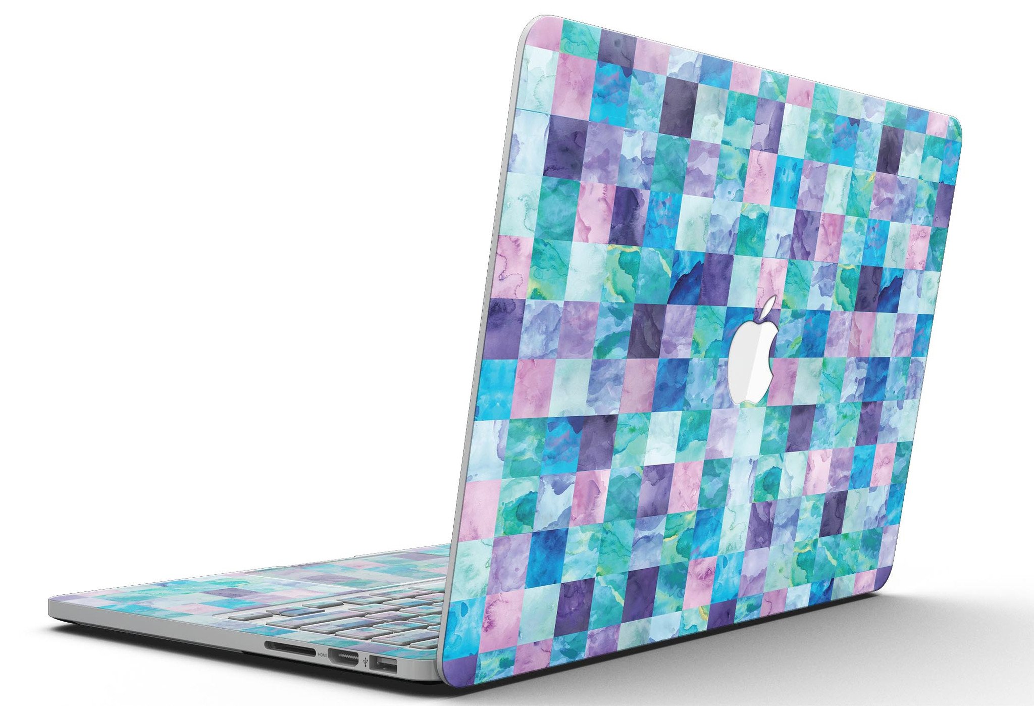 Blue Pink and Purple Watercolor Patchwork skin for MacBook Pro with Retina Display, showcasing vibrant colors and artistic design.