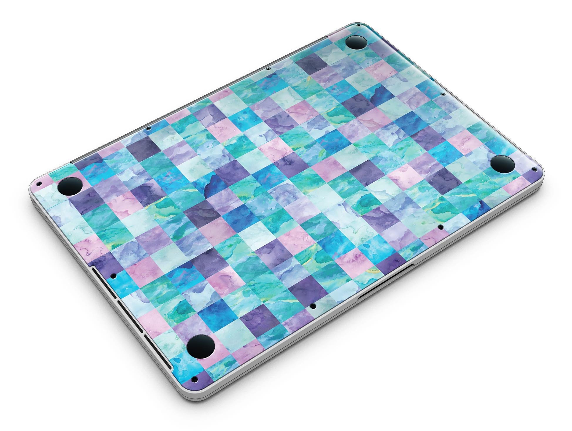 Blue Pink and Purple Watercolor Patchwork skin for MacBook Pro with Retina Display, showcasing vibrant colors and artistic design.