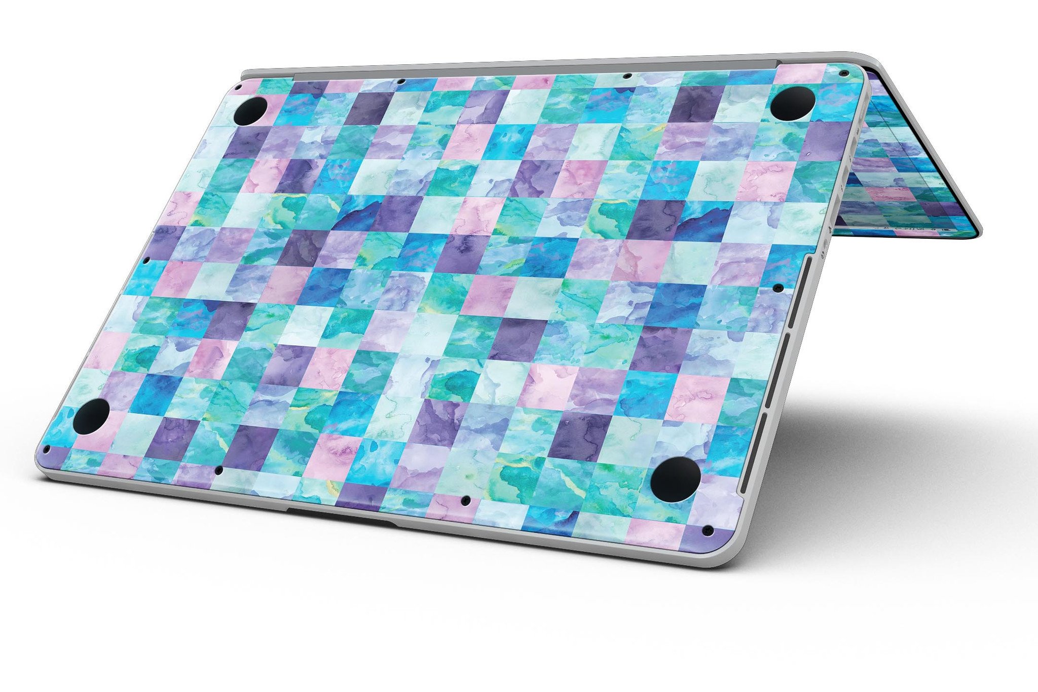 Blue Pink and Purple Watercolor Patchwork skin for MacBook Pro with Retina Display, showcasing vibrant colors and artistic design.