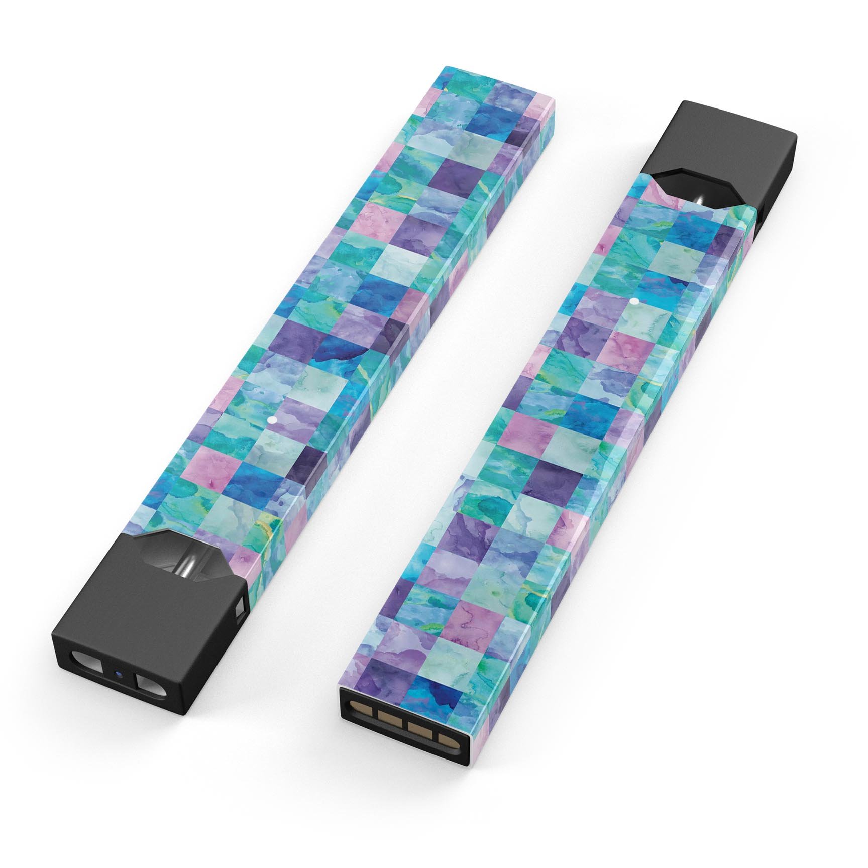 Blue Pink and Purple Watercolor Patchwork decal skin for JUUL vaping device, showcasing vibrant colors and intricate design.