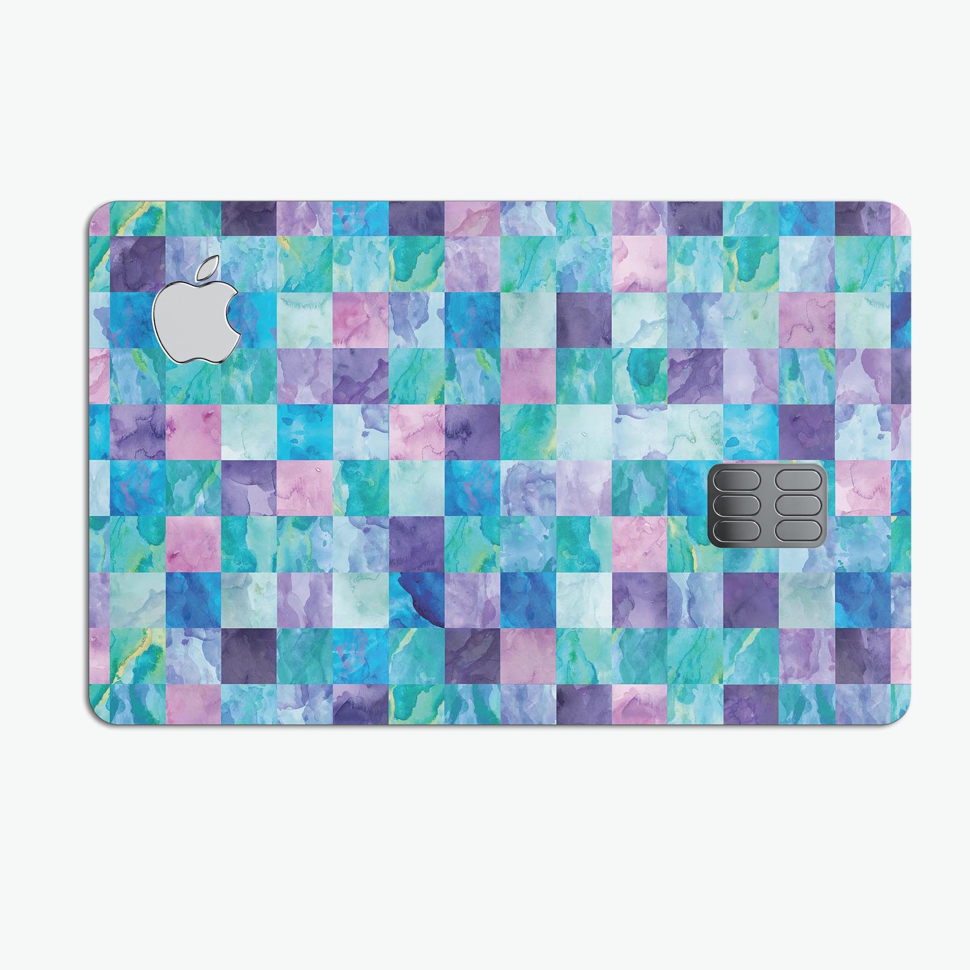 Blue, pink, and purple watercolor patchwork decal for Apple Card, showcasing a vibrant and stylish design.