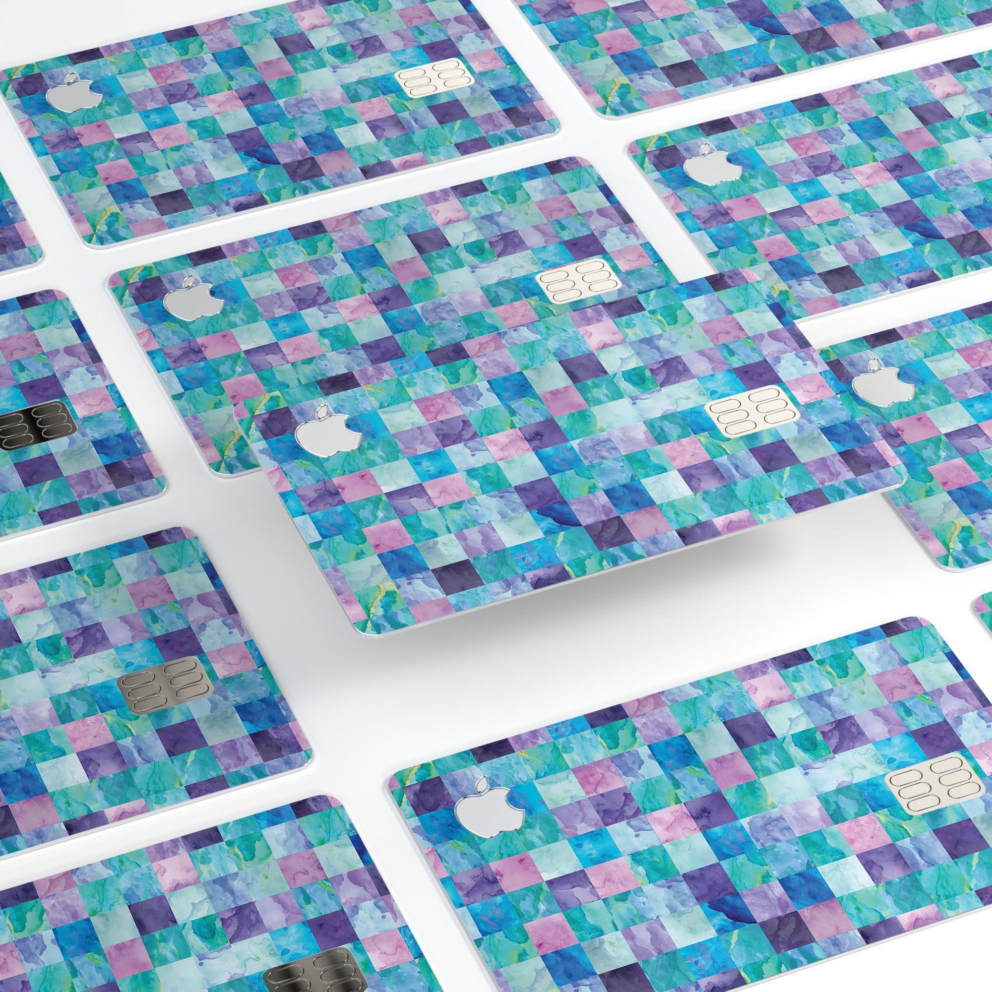 Blue, pink, and purple watercolor patchwork decal for Apple Card, showcasing a vibrant and stylish design.