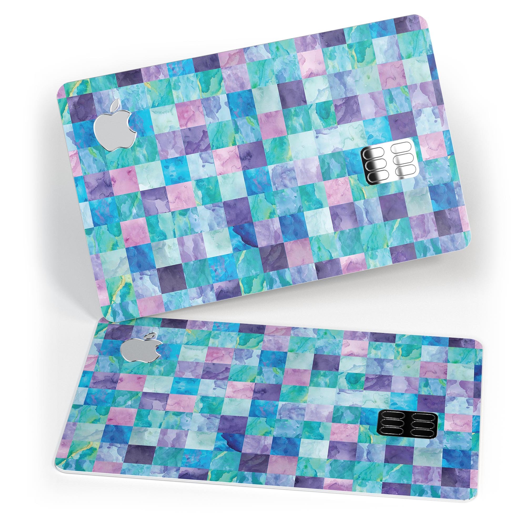Blue, pink, and purple watercolor patchwork decal for Apple Card, showcasing a vibrant and stylish design.