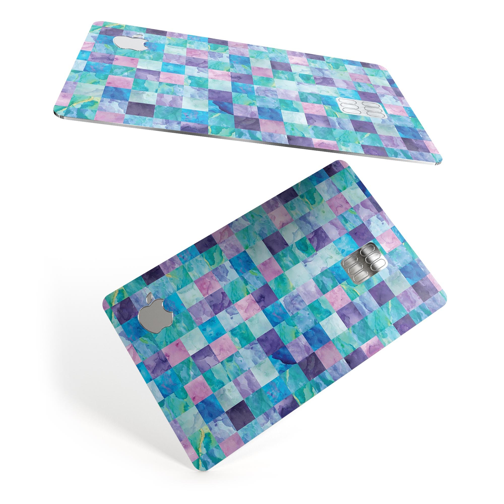 Blue, pink, and purple watercolor patchwork decal for Apple Card, showcasing a vibrant and stylish design.