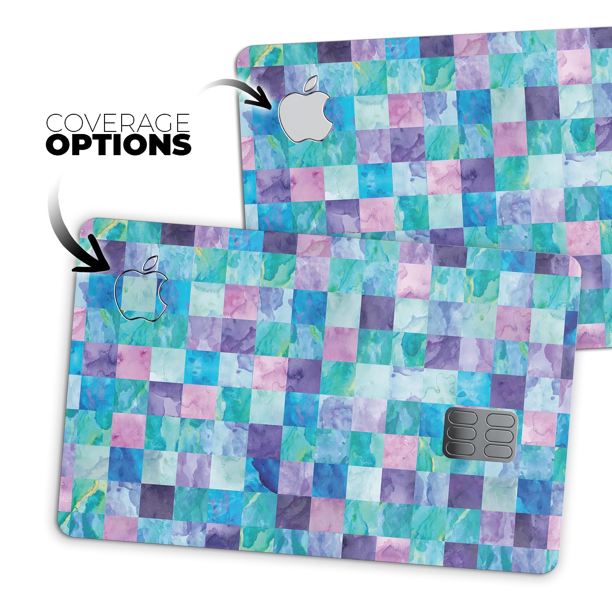 Blue, pink, and purple watercolor patchwork decal for Apple Card, showcasing a vibrant and stylish design.