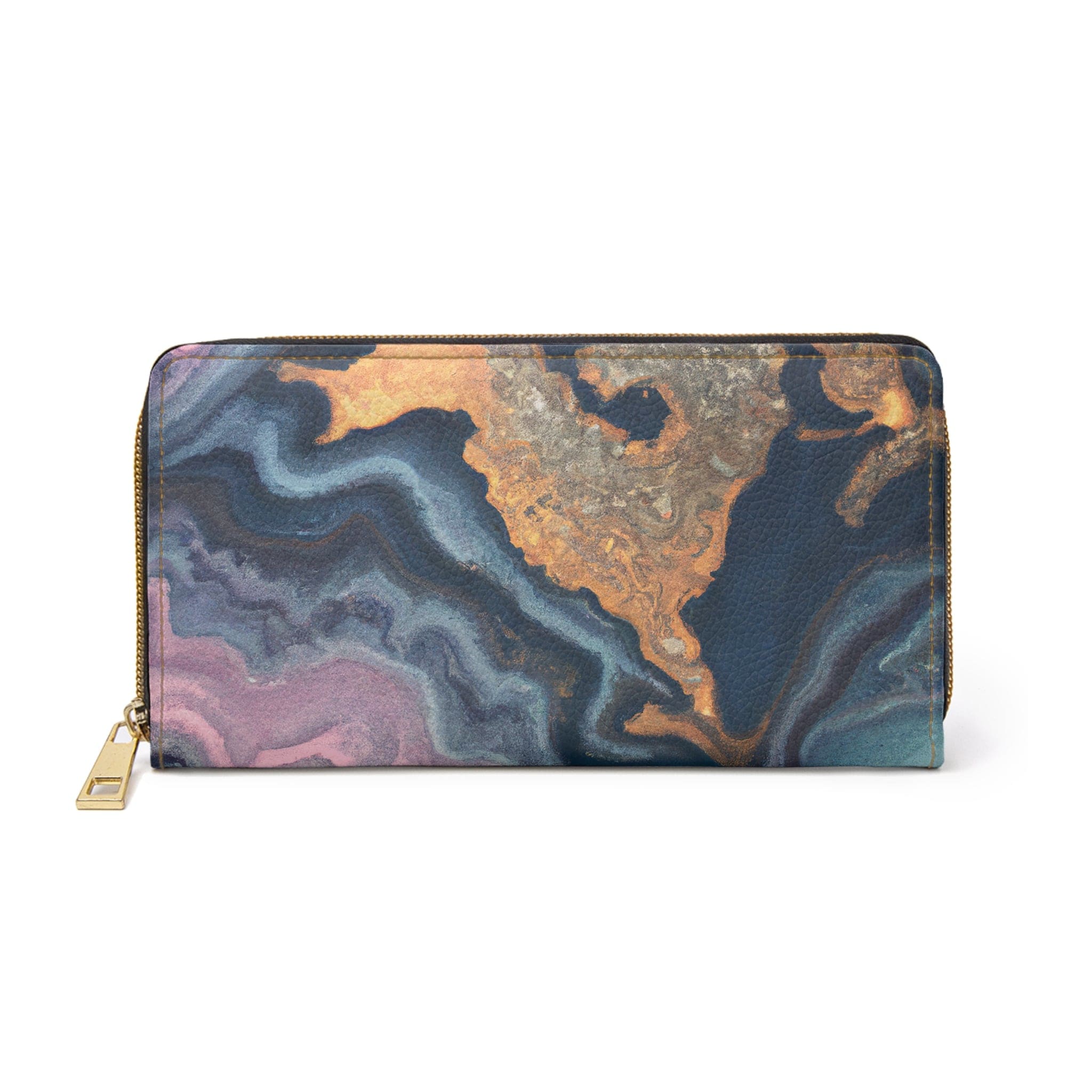 Blue Pink Gold Abstract Marble Swirl Pattern Womens Zipper Wallet showcasing its stylish design and functional features.