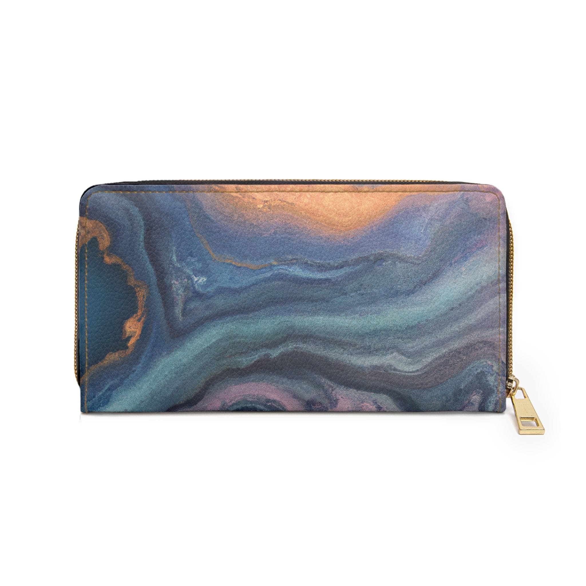 Blue Pink Gold Abstract Marble Swirl Pattern Womens Zipper Wallet showcasing its stylish design and functional features.
