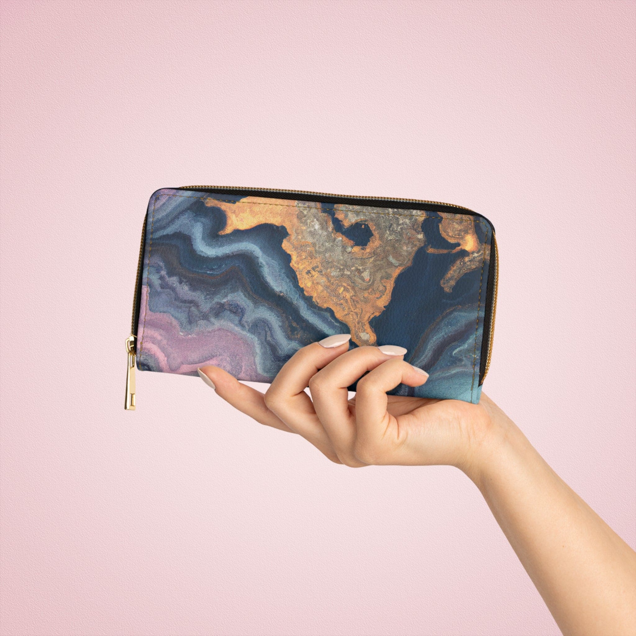Blue Pink Gold Abstract Marble Swirl Pattern Womens Zipper Wallet showcasing its stylish design and functional features.