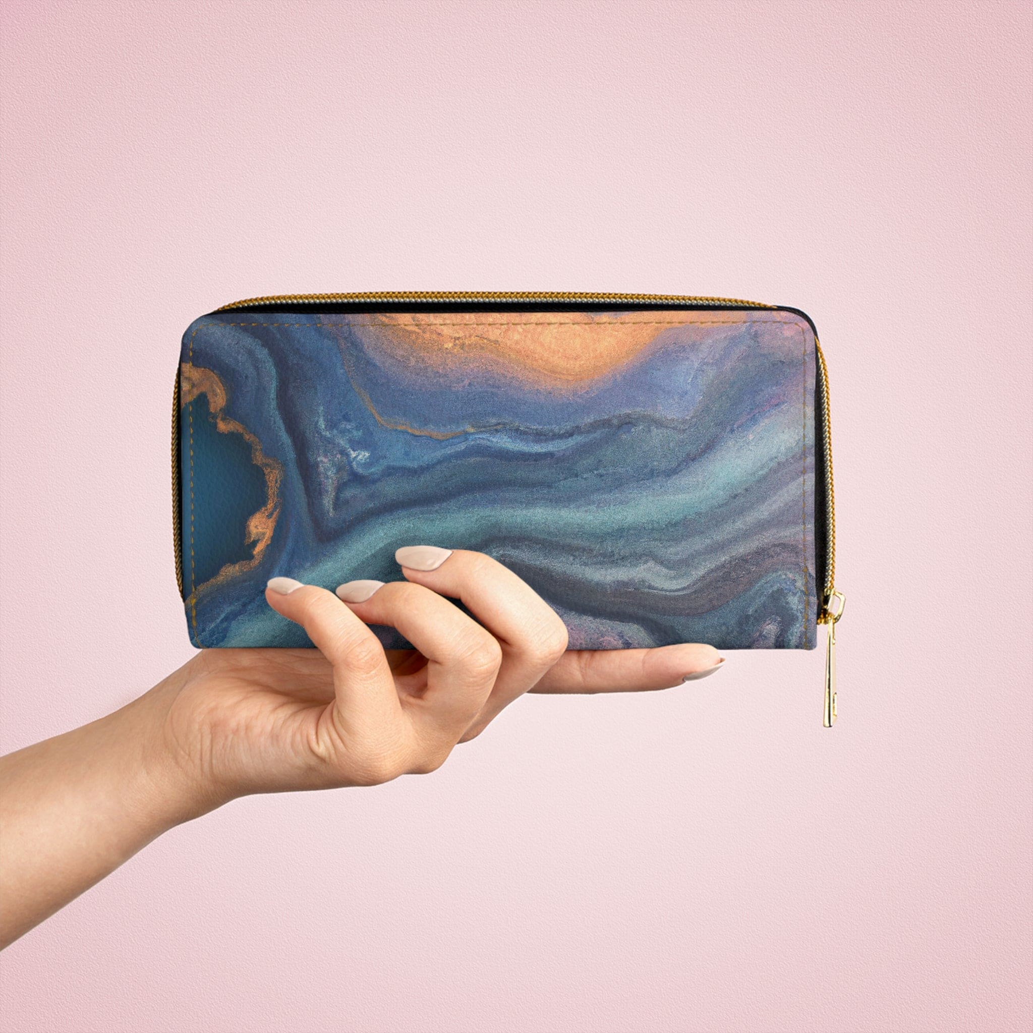 Blue Pink Gold Abstract Marble Swirl Pattern Womens Zipper Wallet showcasing its stylish design and functional features.