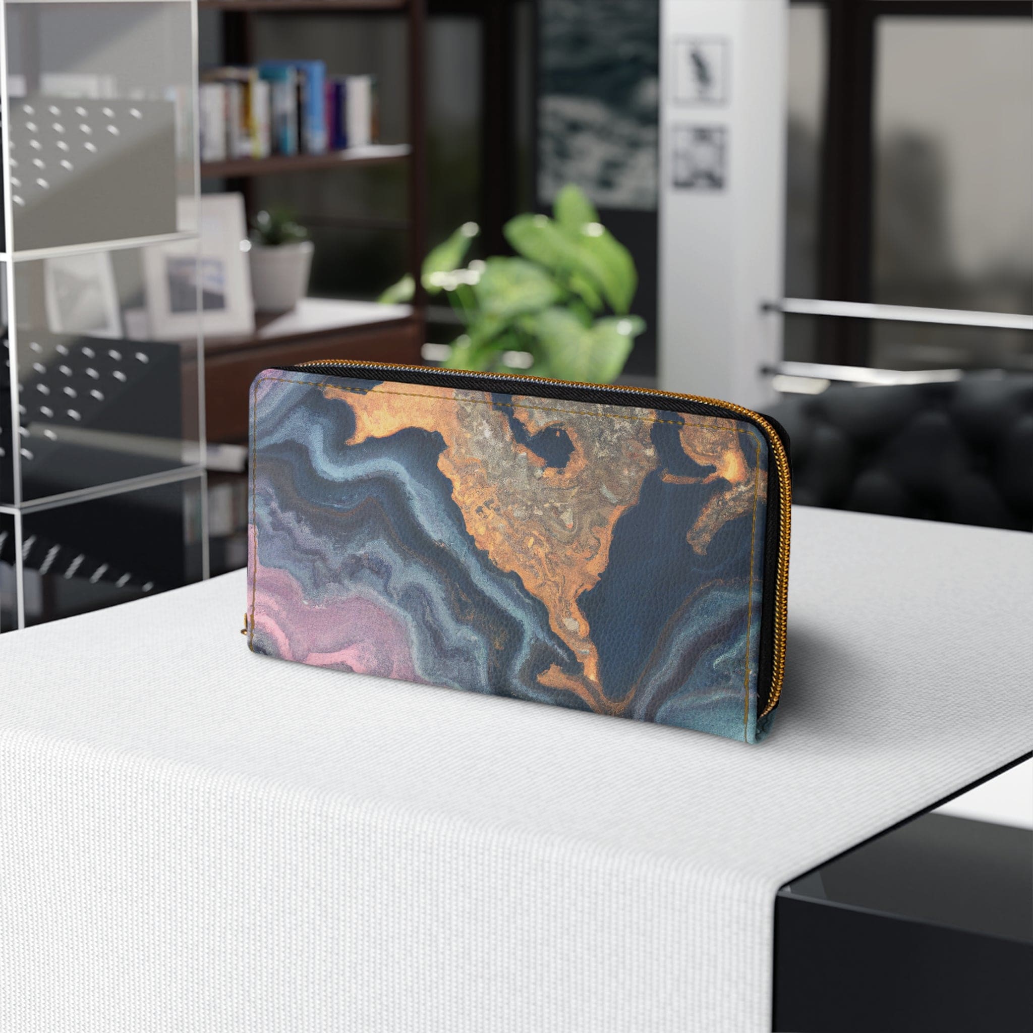 Blue Pink Gold Abstract Marble Swirl Pattern Womens Zipper Wallet showcasing its stylish design and functional features.