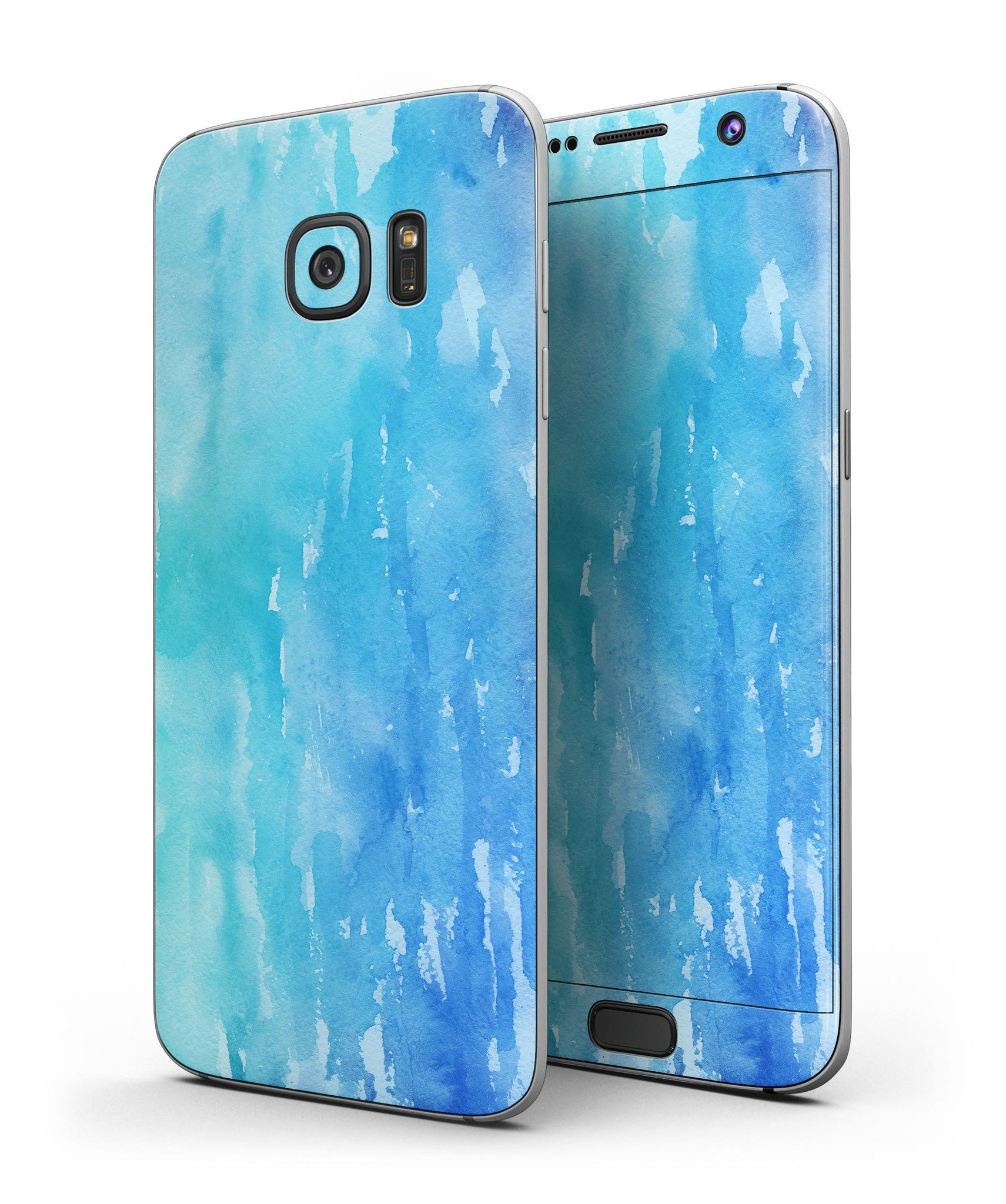 Blue and pink watercolor feather skin for Samsung Galaxy S7 and S7 Edge, showcasing vibrant colors and intricate feather designs.