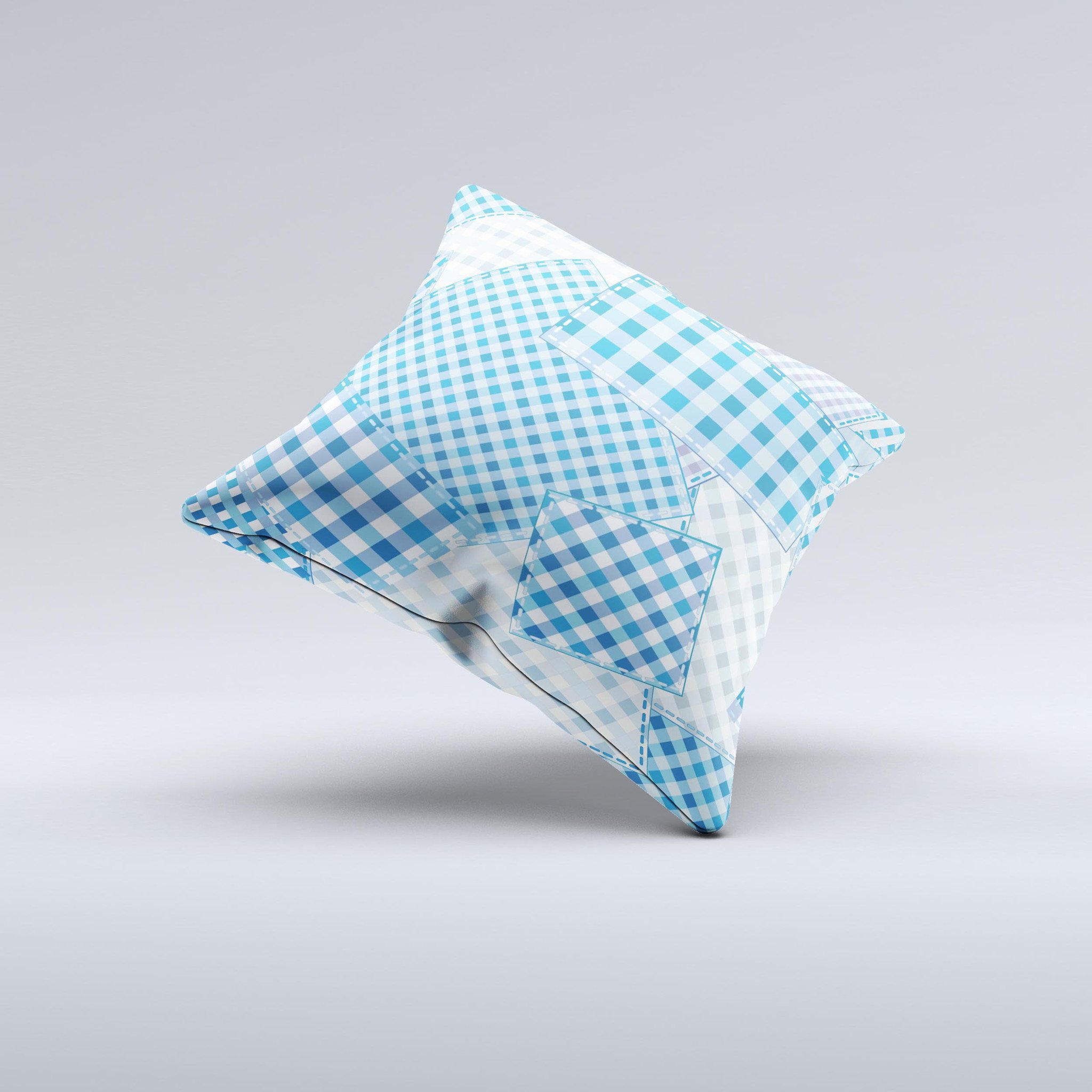 Blue plaid decorative throw pillow with ink-fuzed design, handcrafted in Virginia, showcasing unique patterns and high-quality fabric.