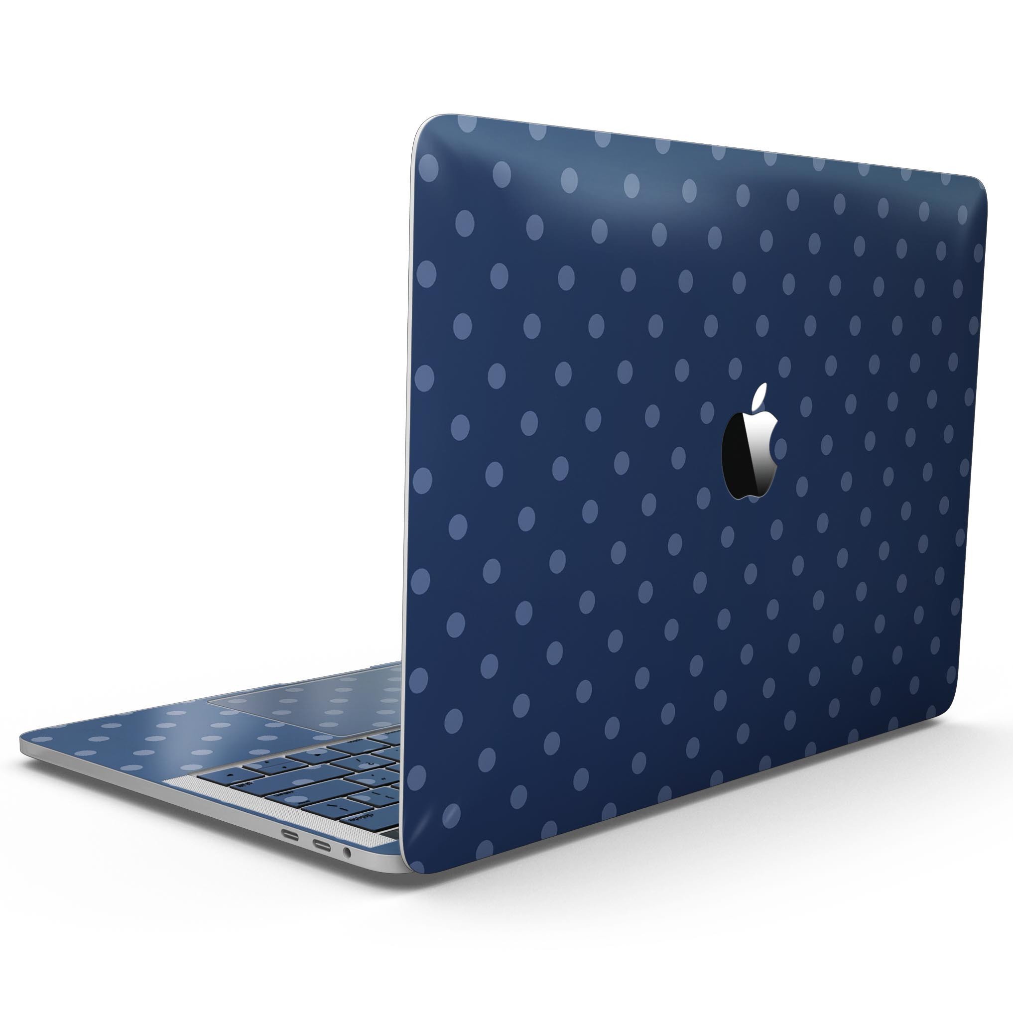 Blue polka dots skin for 13" MacBook Pro without Touch Bar, showcasing vibrant design on a navy background.