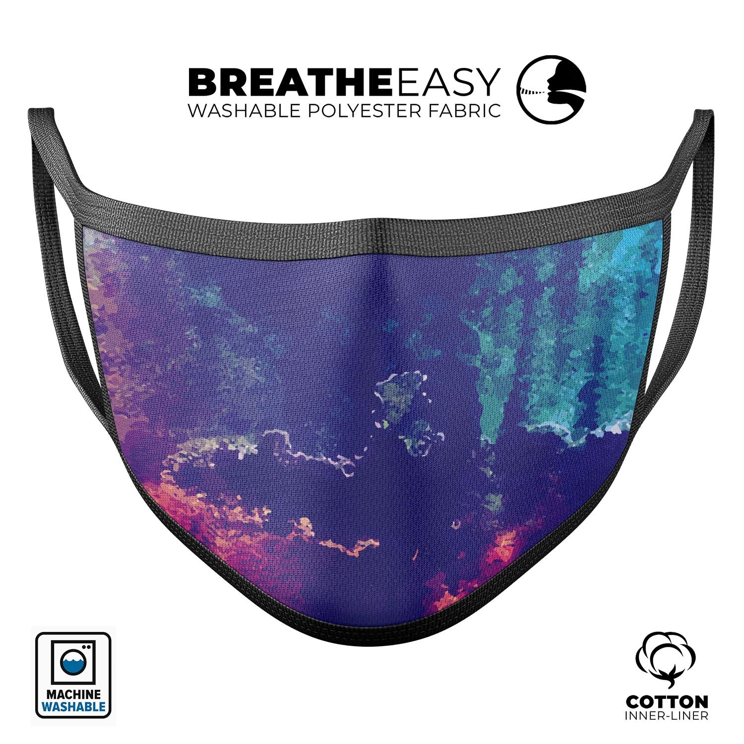 Blue and purple grunge design mouth cover made of cotton, featuring adjustable ear loops for a comfortable fit.