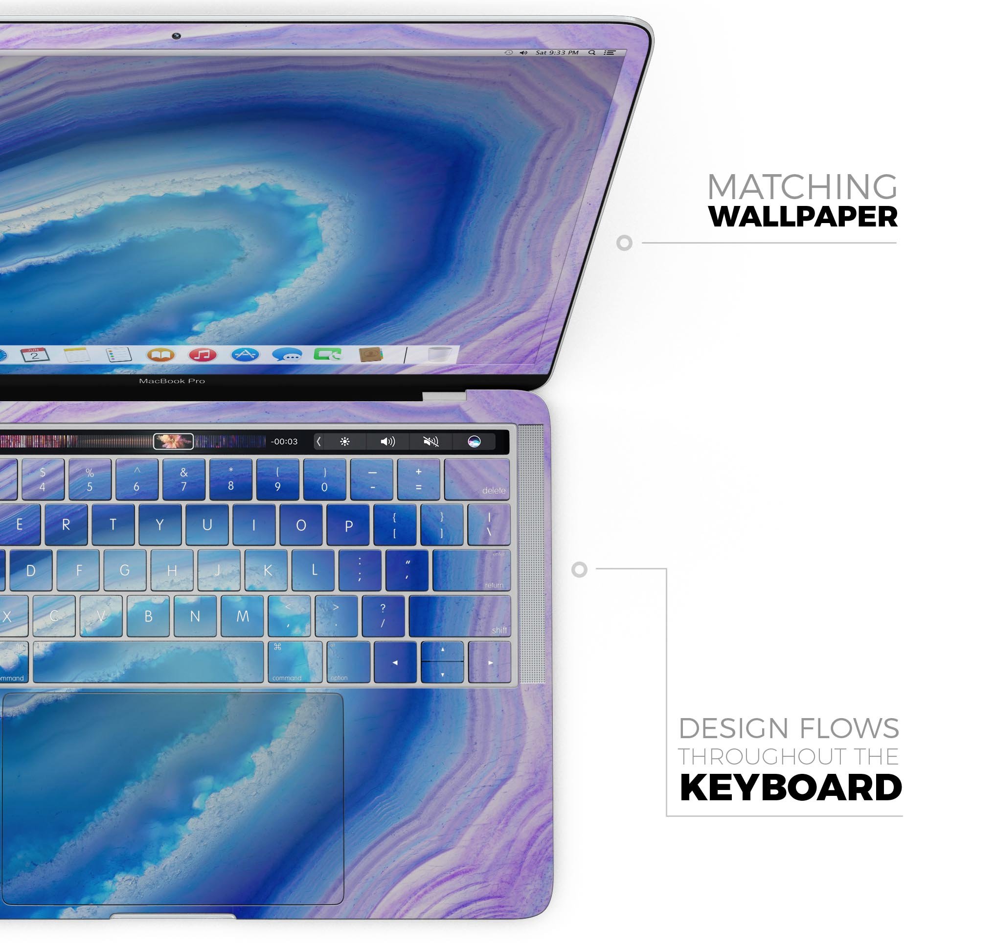 Blue and purple hue agate skin decal wrap kit for MacBook, showcasing vibrant colors and a sleek design.