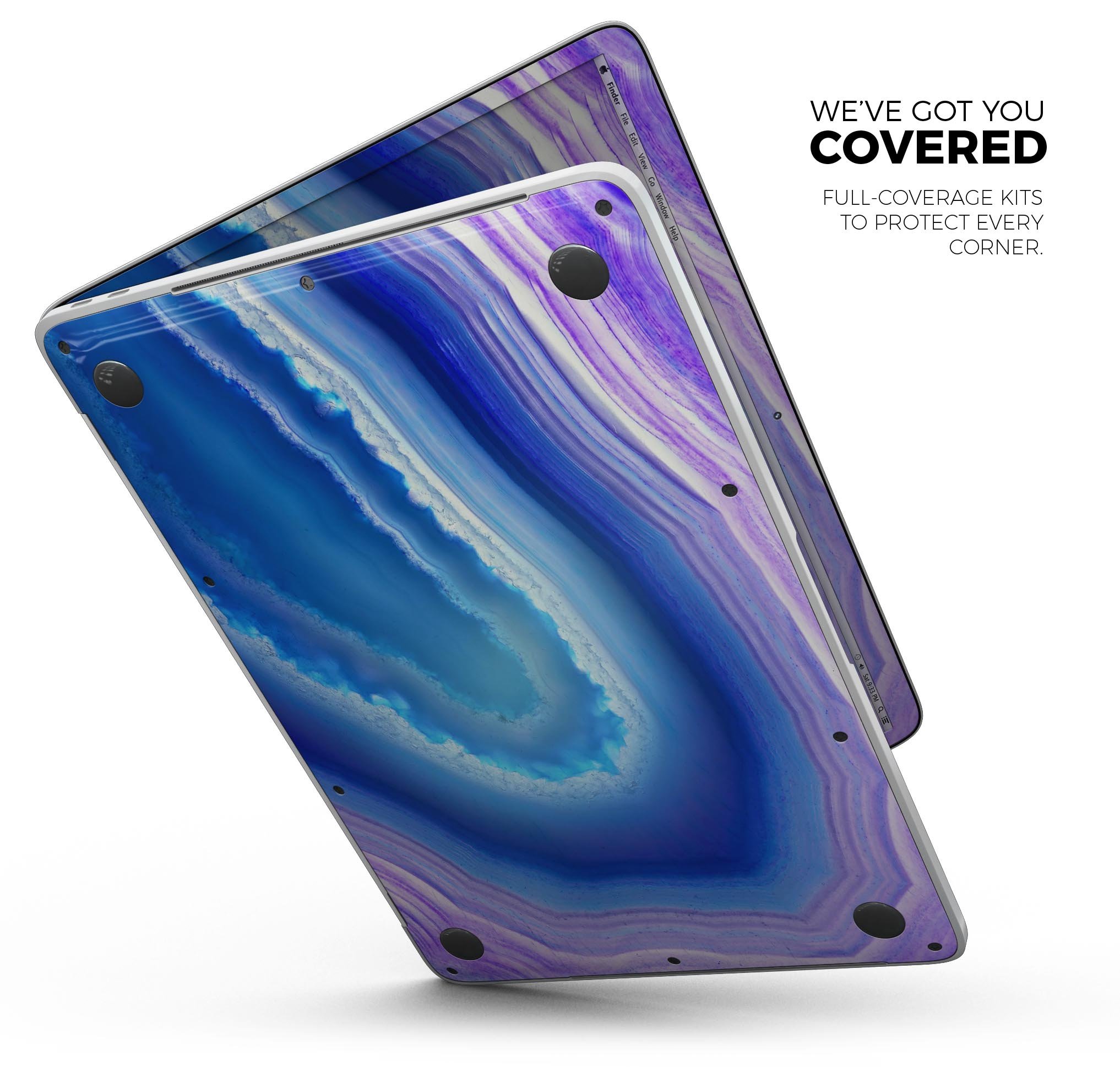 Blue and purple hue agate skin decal wrap kit for MacBook, showcasing vibrant colors and a sleek design.