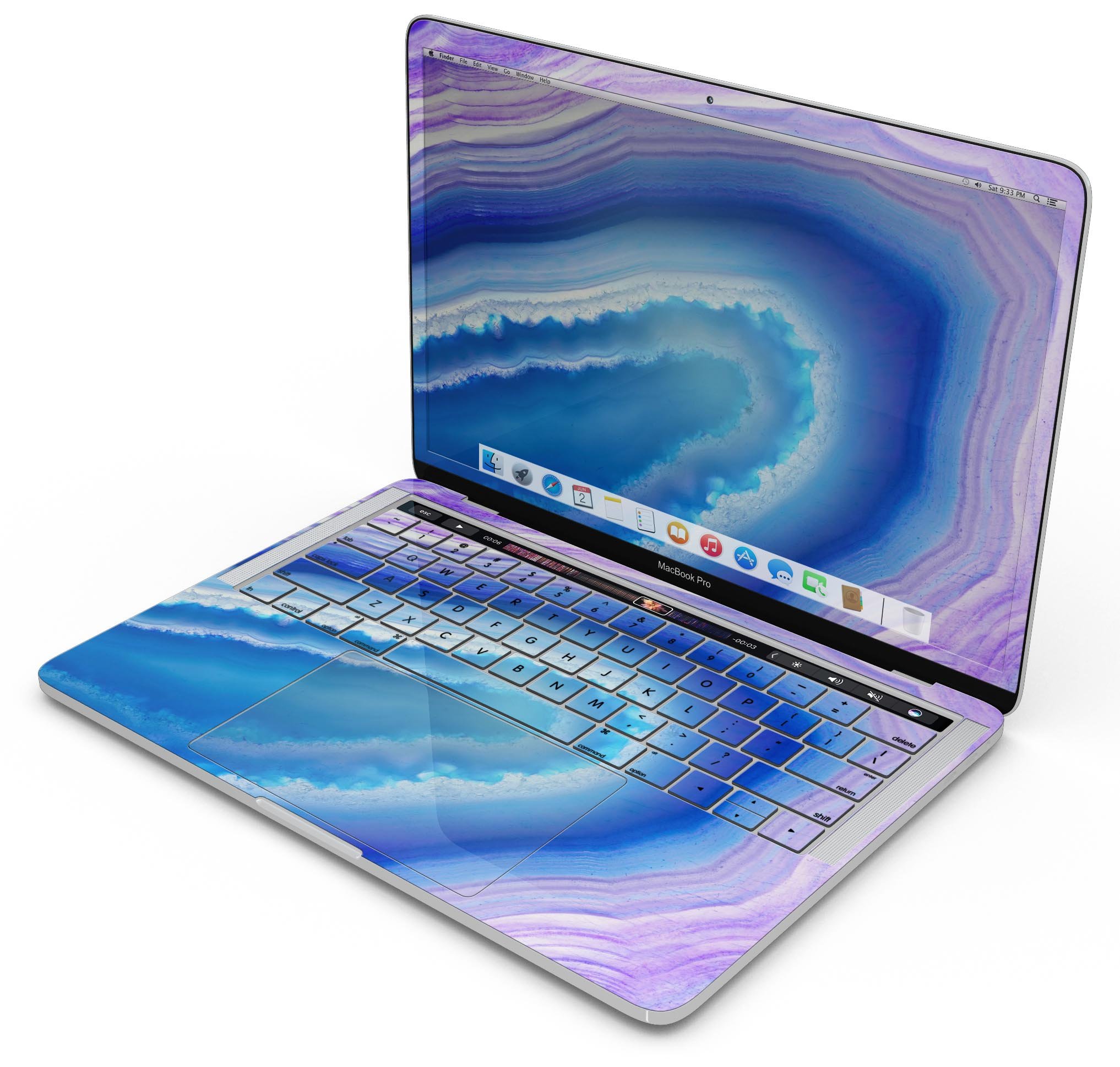 Blue and purple hue agate skin decal wrap kit for MacBook, showcasing vibrant colors and a sleek design.