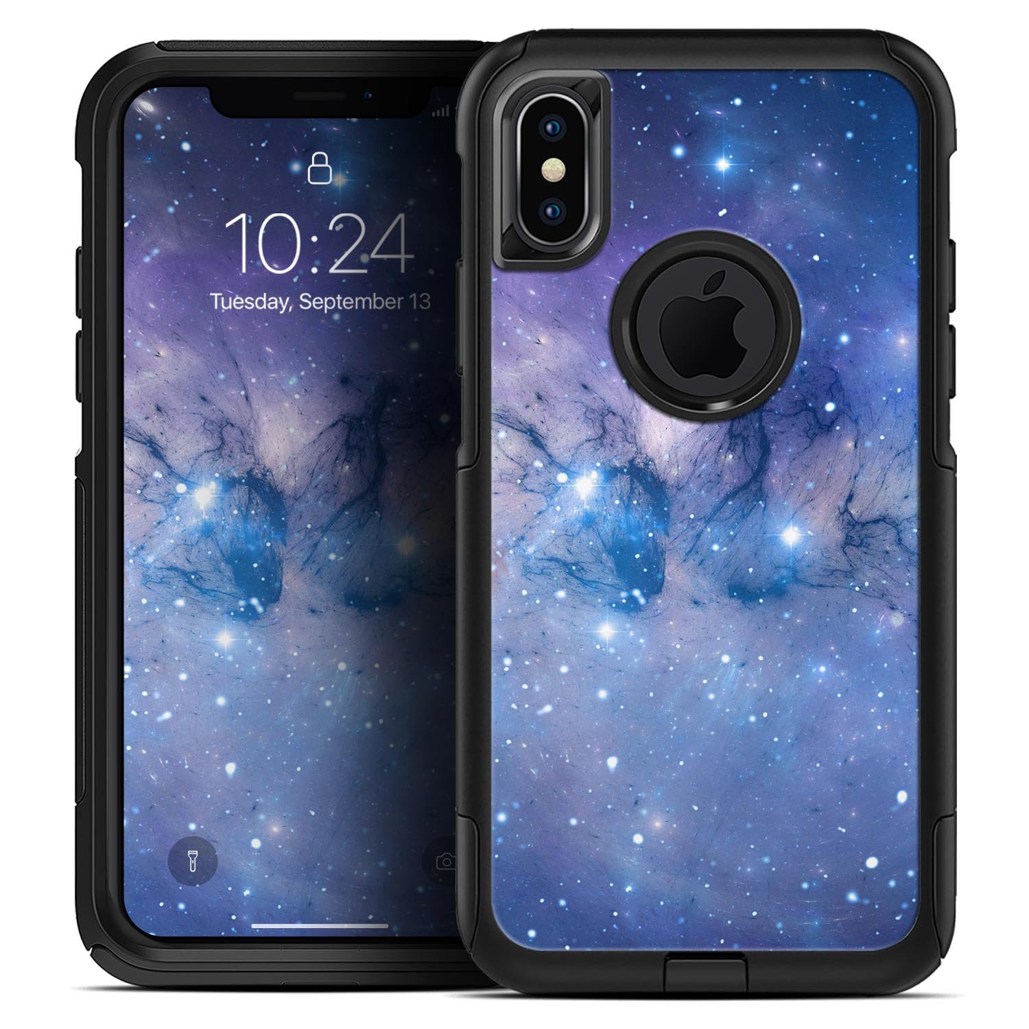 Blue and purple mixed universe skin kit designed for iPhone OtterBox cases, showcasing vibrant colors and a sleek design.