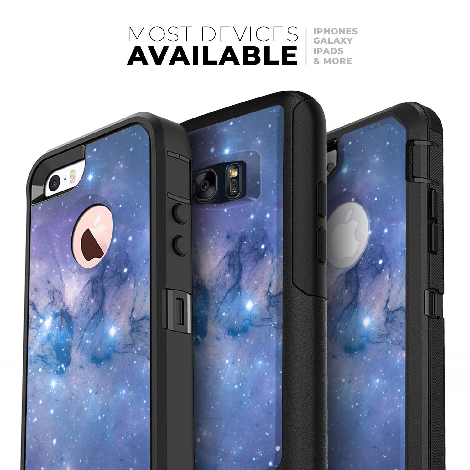 Blue and purple mixed universe skin kit designed for iPhone OtterBox cases, showcasing vibrant colors and a sleek design.